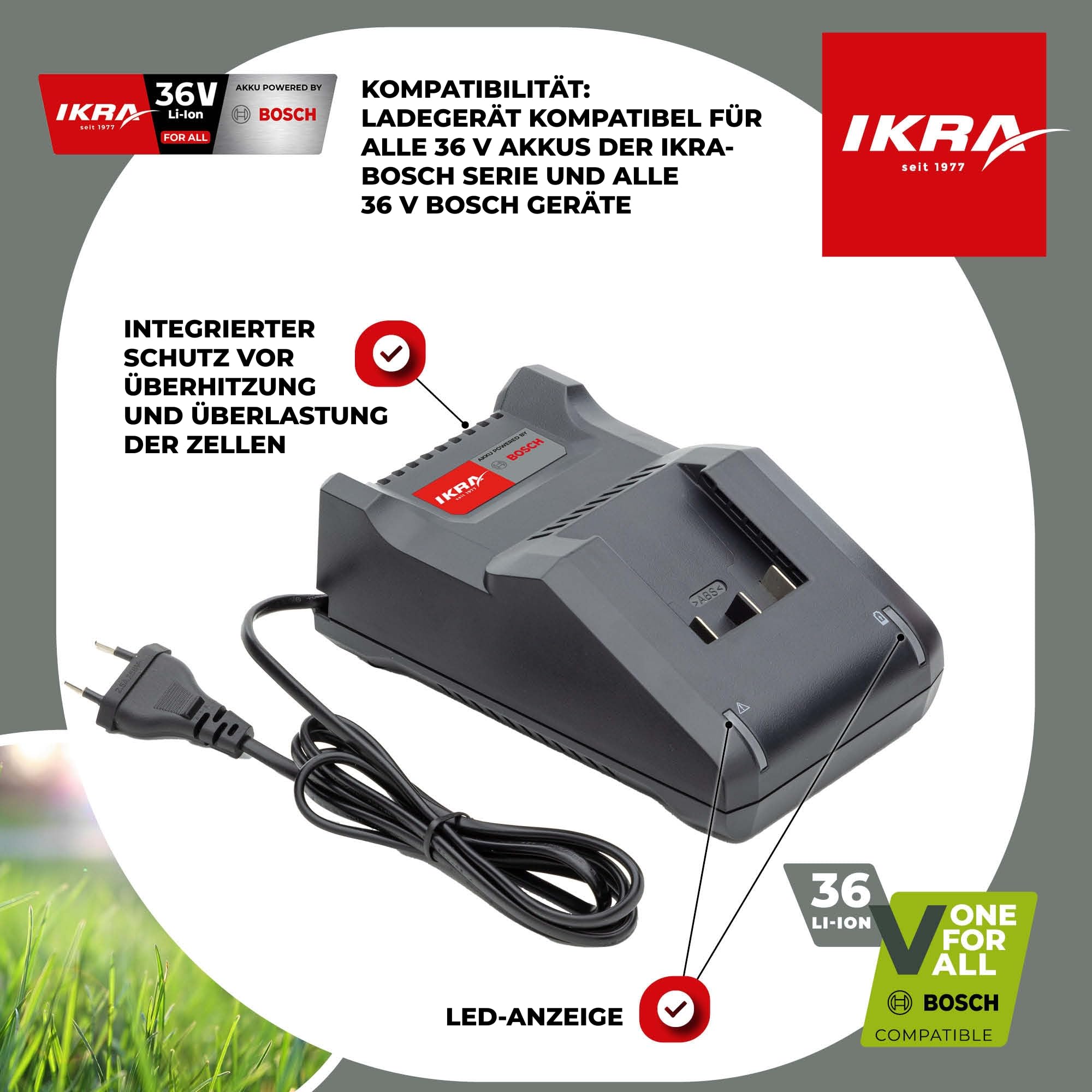 IKRA 36V Akku Ladegerät Ladestation Typ AL 36V-20 mit LED Anzeige, kompatibel mit Allen Bosch 36 Volt Geräten