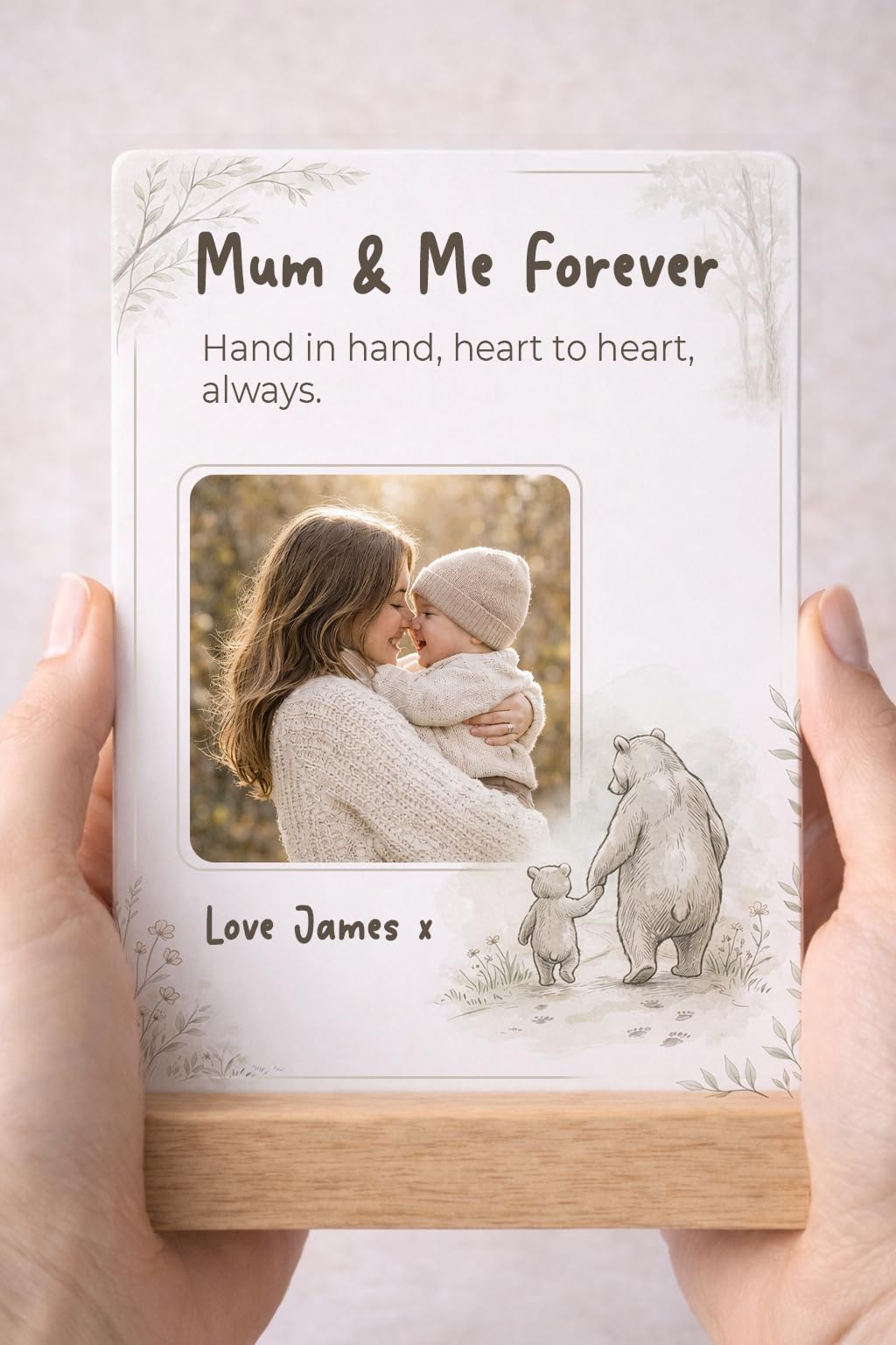Colourbat White Personalised Mothers Day Gift For Mum, Custom Photo Acrylic Plaque With Oak Stand, Mum Keepsake Gift From Son Or Daughter (Mum & Me Forever)