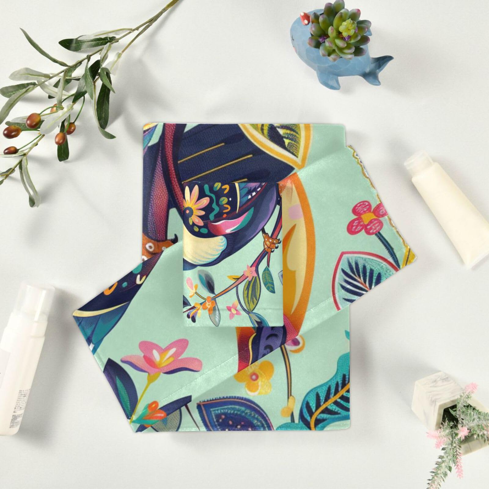 Set di 3 asciugamani da testa a punta con fiori tropicali in stile bohémien, 1 asciugamano da bagno, 1 asciugamano per le mani, 1 panno per il viso e il corpo