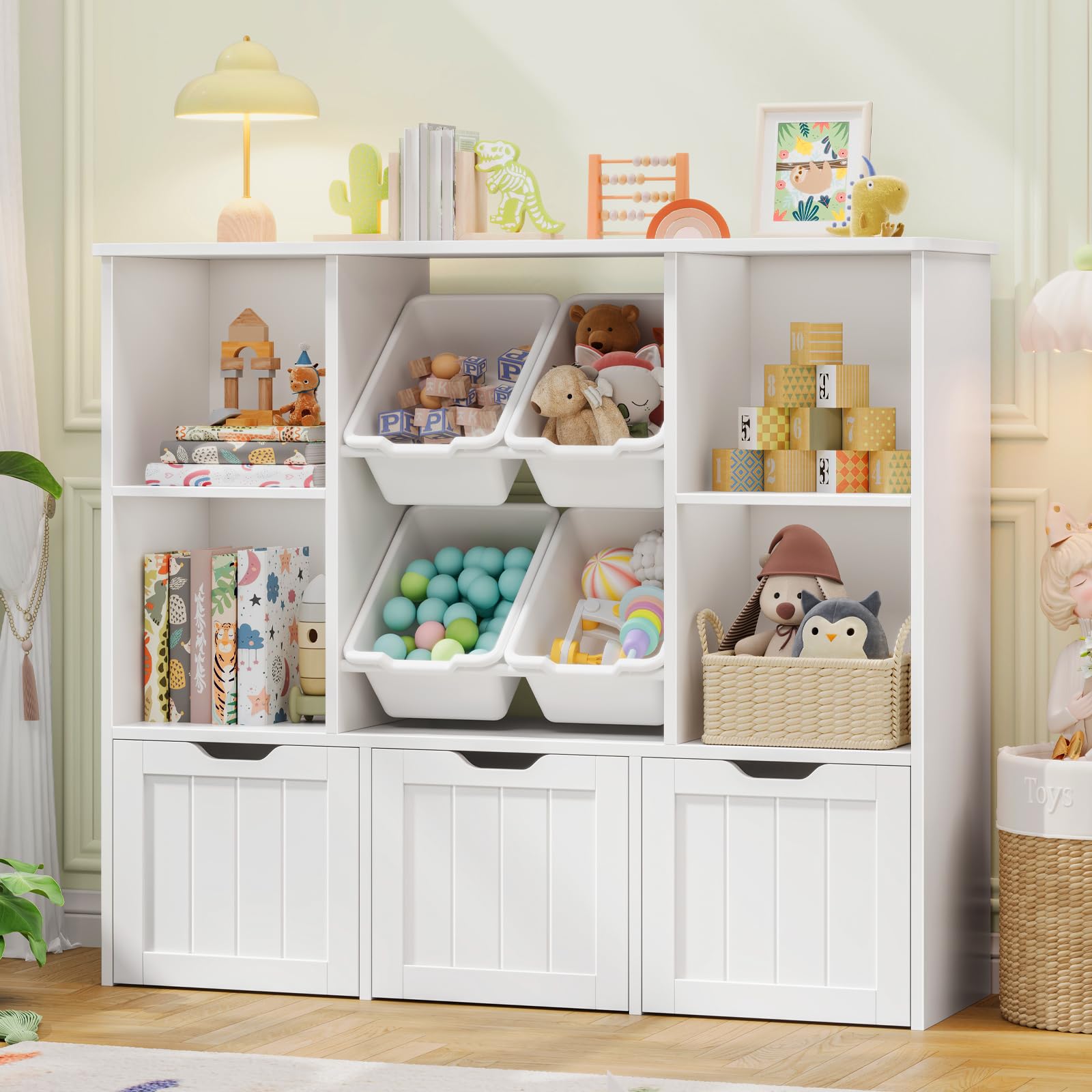 Toy Storage Organizer with 4 Toy Bins, Toy Organizer Kids Bookshelf with 3 Movable Drawers and 4 Open Cubbies, Toy Bins for Kids Organizer Playroom Storage for Living Room with Hidden Wheels, White