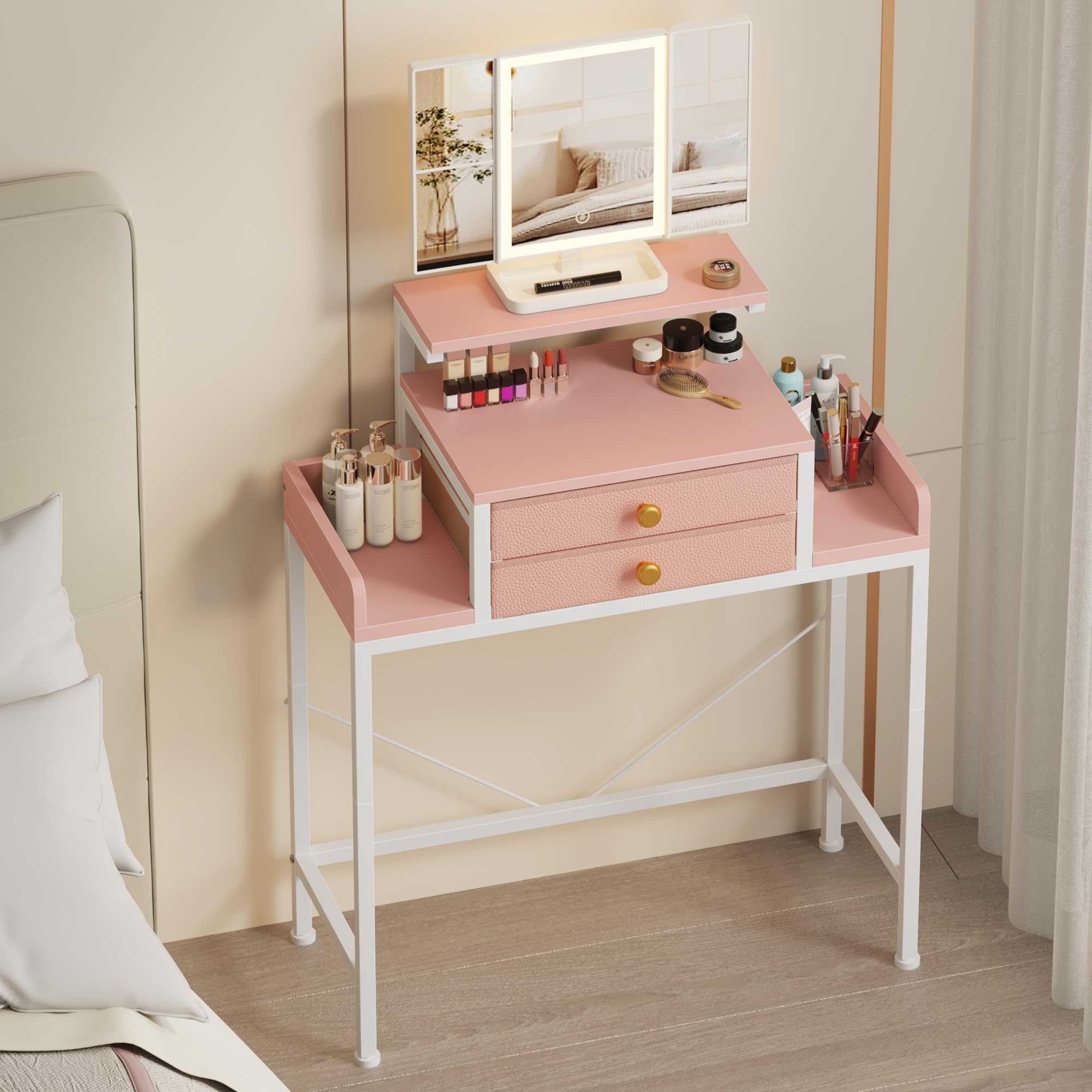 Vanity Desk with Mirror and Lights, 28.4''W Small Makeup Vanity Table with Height-Adjustable Stand, 2 Fabric Drawers Compact Makeup Desk, Gift for Girls, Bedroom Small Space, Pink-image-49