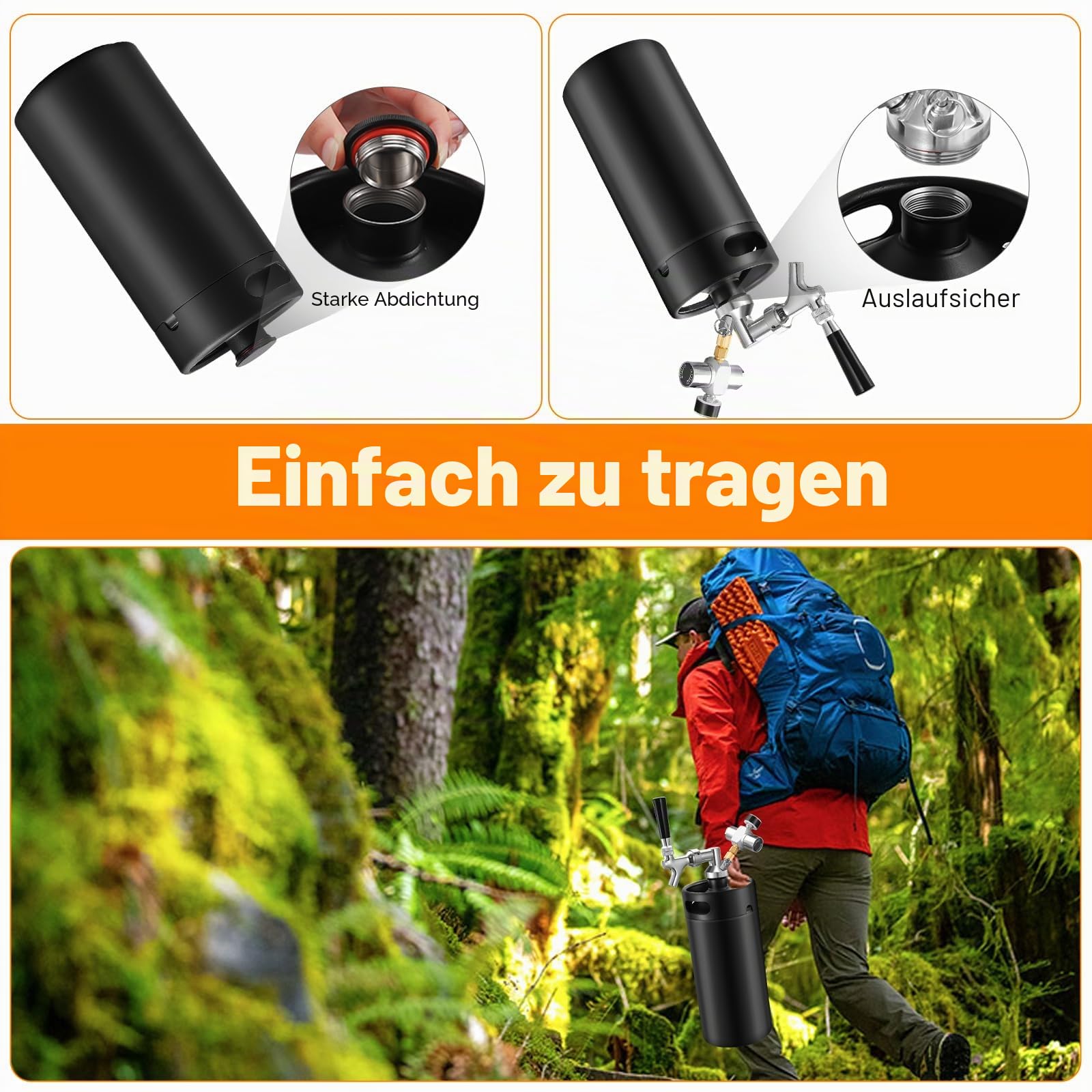 Mini-Fass-Growler, Edelstahl, tragbares Bierfass-Wasserhahn-System | CO2-Druck-Growler mit Kohlensäure, 55 PSI zum Frischhalten, Bierzapf-System für selbstgebrautes Camping, Grillen (schwarz)