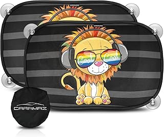 CARAMAZ Sonnenschutz, Kompatibel mit Personenkraftwagen, Auto Baby mit UV Schutz 48x30cm - 2 Stück mit Saugnäpfen - Kinder - Fenster - Sonnenblende Motiv: Gelb-Lion