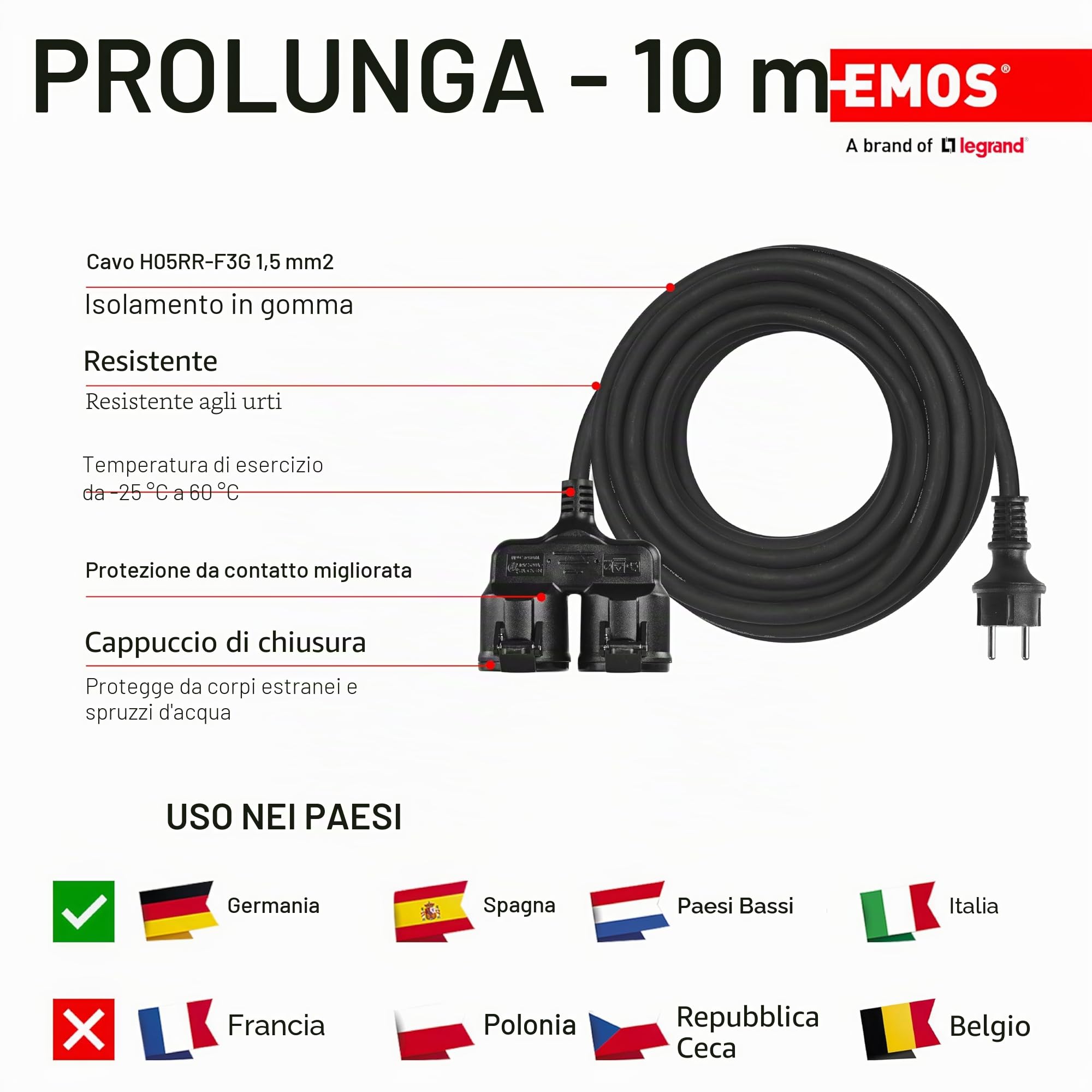 EMOS - Cavo di prolunga IP44 10 m - 2 prese Schuko - impermeabile, resistente agli urti, al calore e al freddo - 230 V, 16 A, 3680 W - isolamento in gomma - H05RR-F3G 1,5 mm2 - per uso esterno - nero
