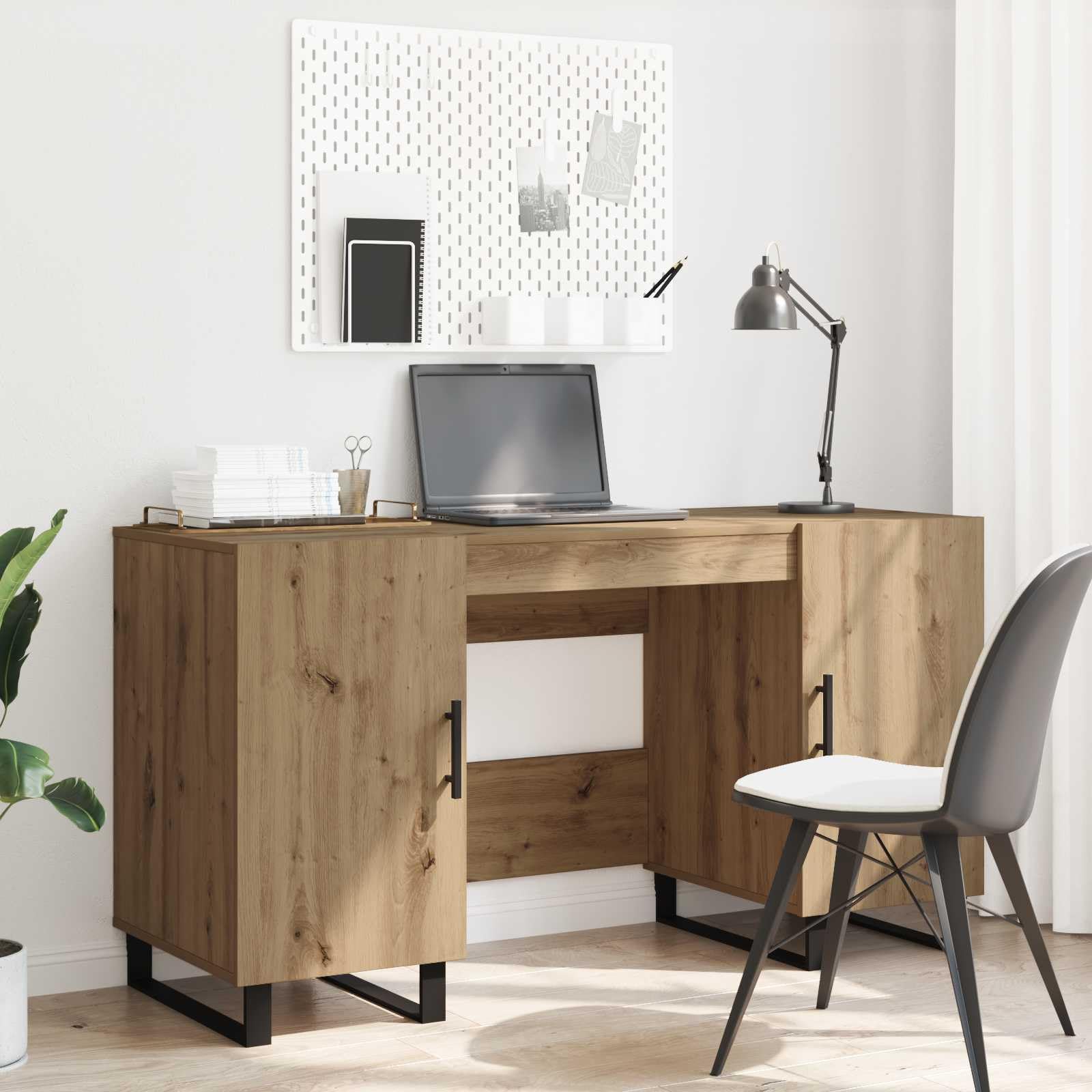 Scrivania in legno di quercia Artisan, 140 x 50 x 75 cm, con vano portaoggetti, scaffale e ante, ergonomica, per ufficio, casa, lavoro al computer, PC, laptop, segretario e gaming