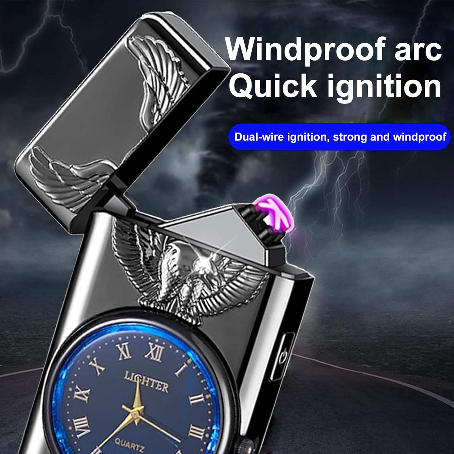 Electric Lighter with Clock Dial LED Power Display Plasma Eagle Lighters Windproof USB Rechargeable Lighter Cool Lighte Gifts for Men Women （Eagle -Black）