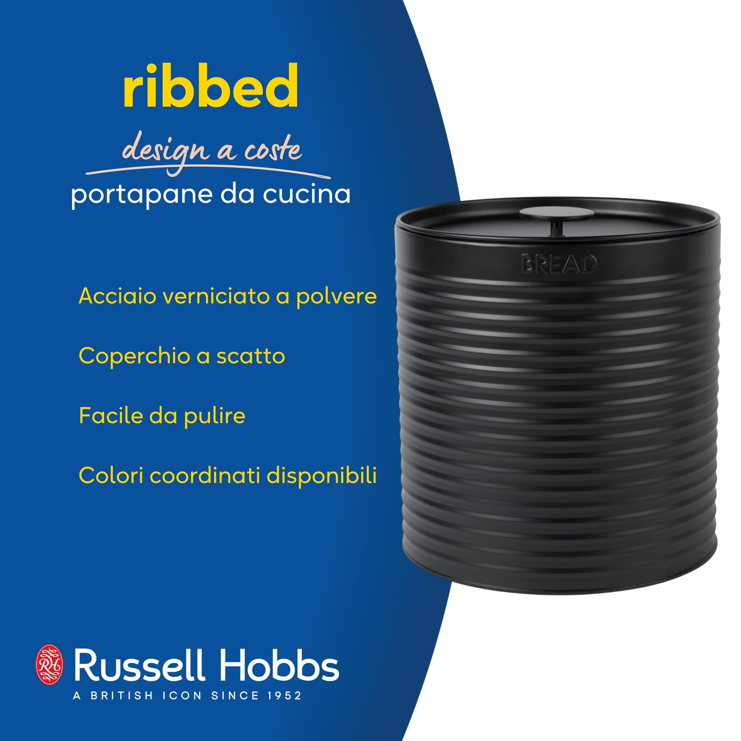Russell Hobbs RH03269EU7 - Portapane a coste, in metallo, grande contenitore da cucina, per riporre e organizzare il piano di lavoro, in acciaio verniciato a polvere, con coperchio a tirante, facile