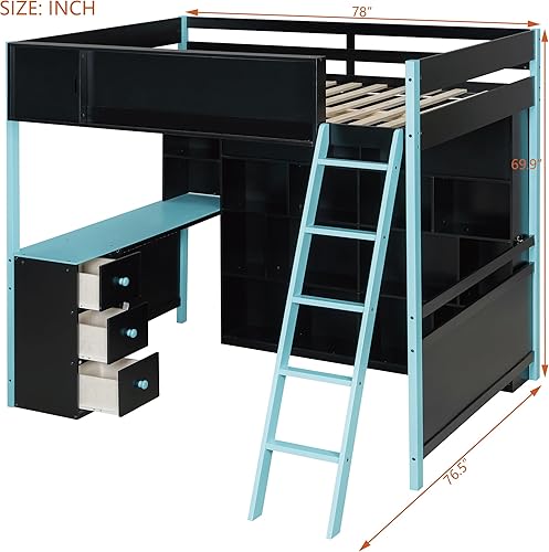 Miniatura 124 de Cama tipo loft de tamaño individual con 3 estantes, 2 armarios y 2 cajones, cama alta funcional con escalera de almacenamiento, marco de cama loft