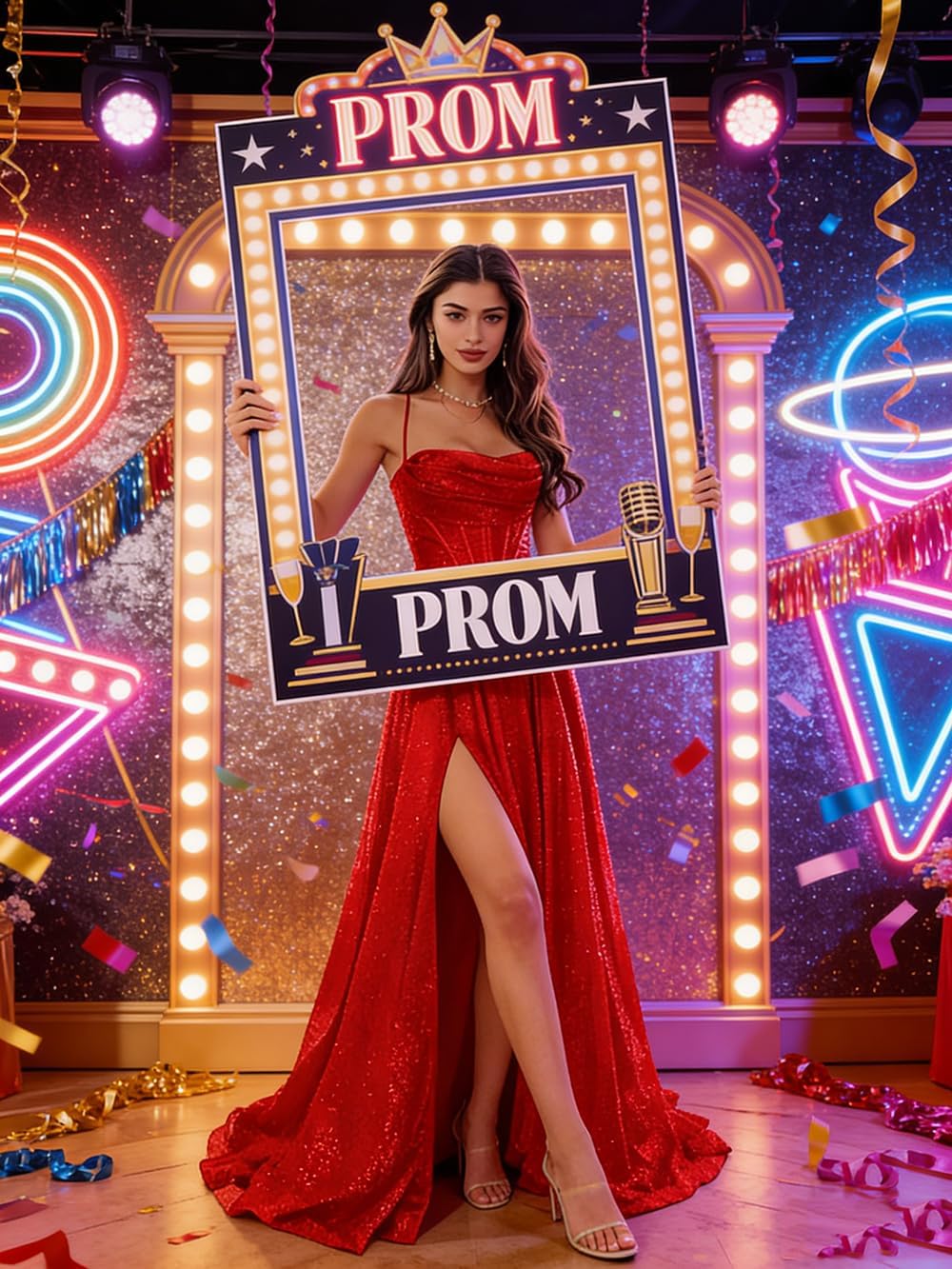 Women's Glitter Tulle Prom Dresses with Spaghetti Straps for Teens Cowl Neck Long Formal Evening Ball Gown with Slit - Image 3