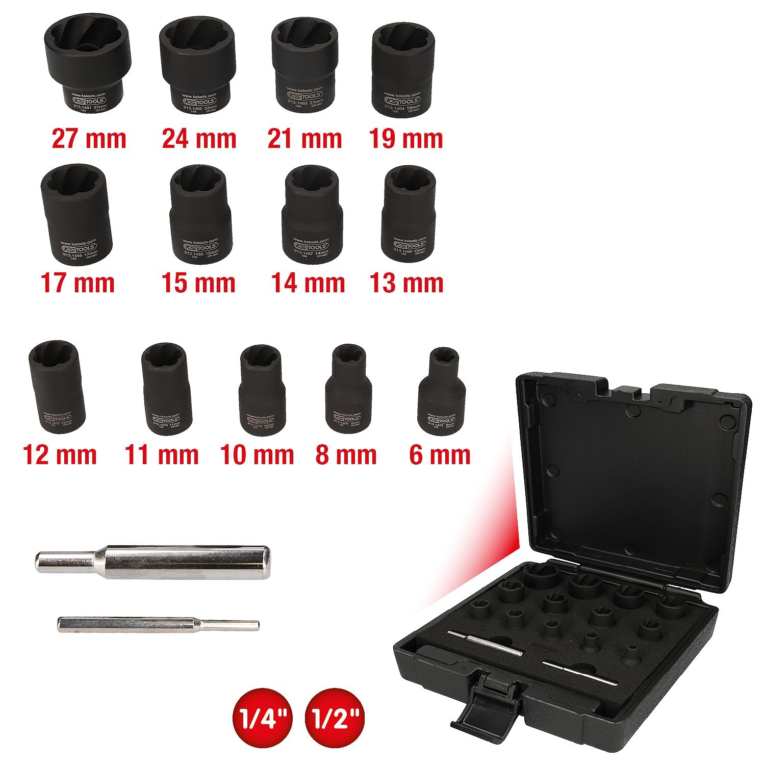 KS Tools 913.1460 1/4"+1/2" Zestaw nasadek udarowych z profilem spiralnym, 15-szt