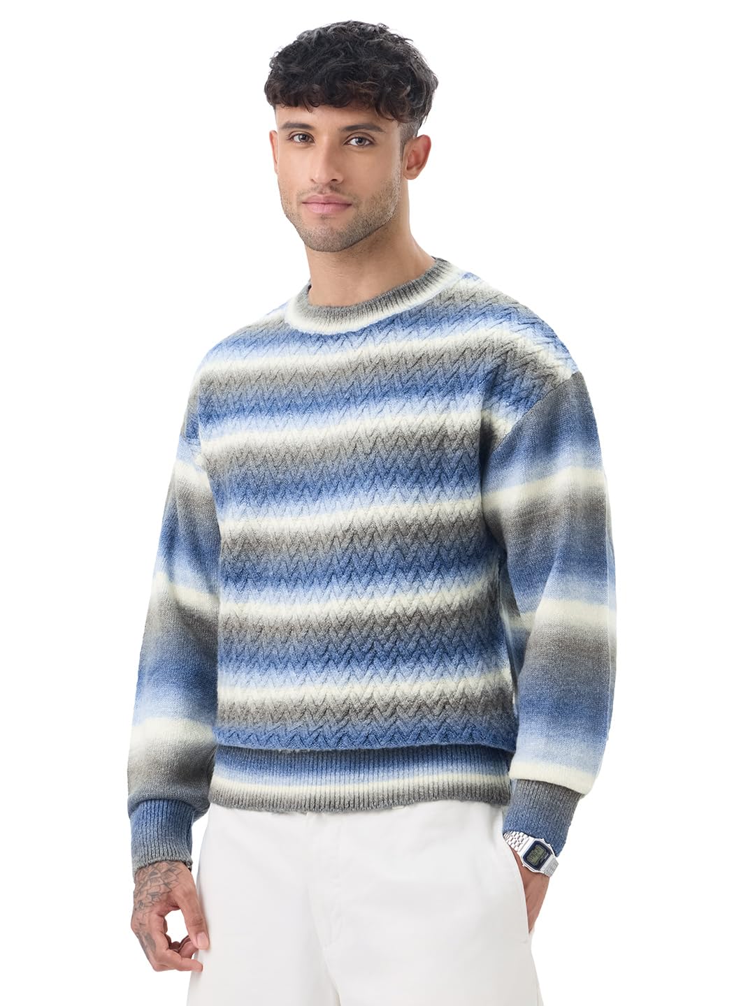 the souled store Oversized Sweater: Marble Men and Boys Full Sleeves Round Neck Blue Chevron Knit Acrylic Polyester Lightweight Casual Pullover Oversized Sweater-picture-19