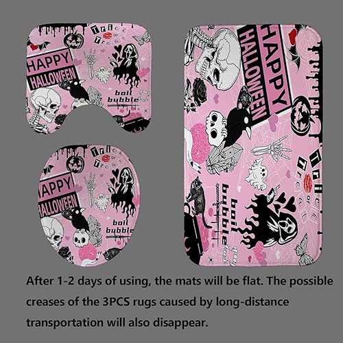 Miniatura 4 de Juego de 4 cortinas de ducha de Halloween rosas con alfombras, cortina de ducha de tela impermeable, truco o trato, gótico, bruja, espeluznante,