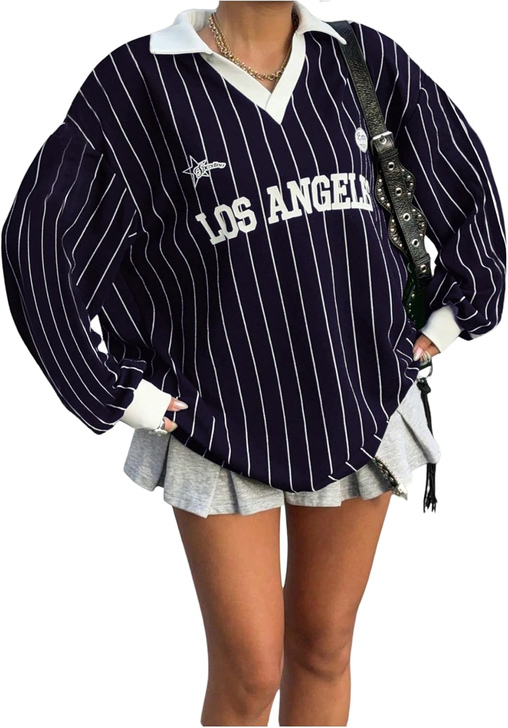 SOLY HUX Women's Oversized Tees Striped Letter Print Y2k Jersey T Shirt Collar V Neck Long Sleeve Loose Tops