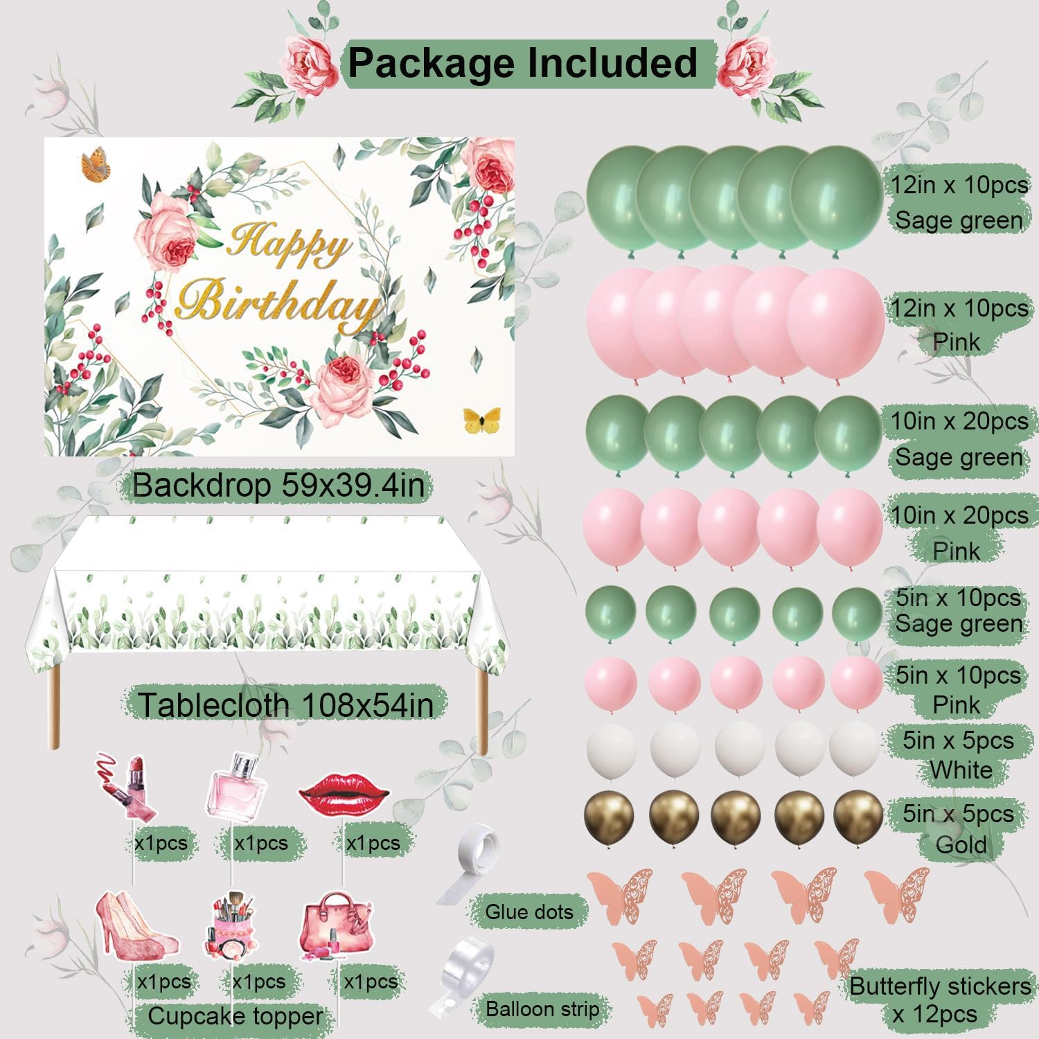 Yancan Sage Green Birthday Decorations Women Birthday Party Supplies Including Floral Backdrop, Sage Green Pink Balloons Garland Arch Kit, Tablecloth, Cupcake Toppers for Girls
