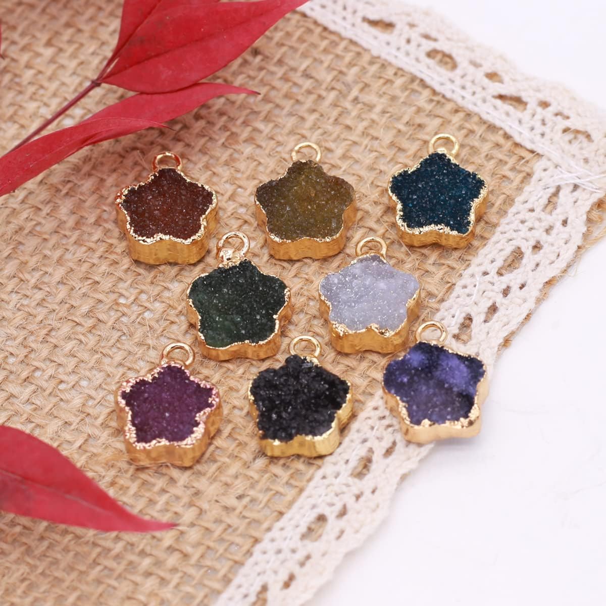 LE SKY 6 Pcs Natural Stone Pendants Pentapetal Flower Shape Healing Colorful Geode Agate Stone for Jewelry Making Necklace Decoration - Image 8