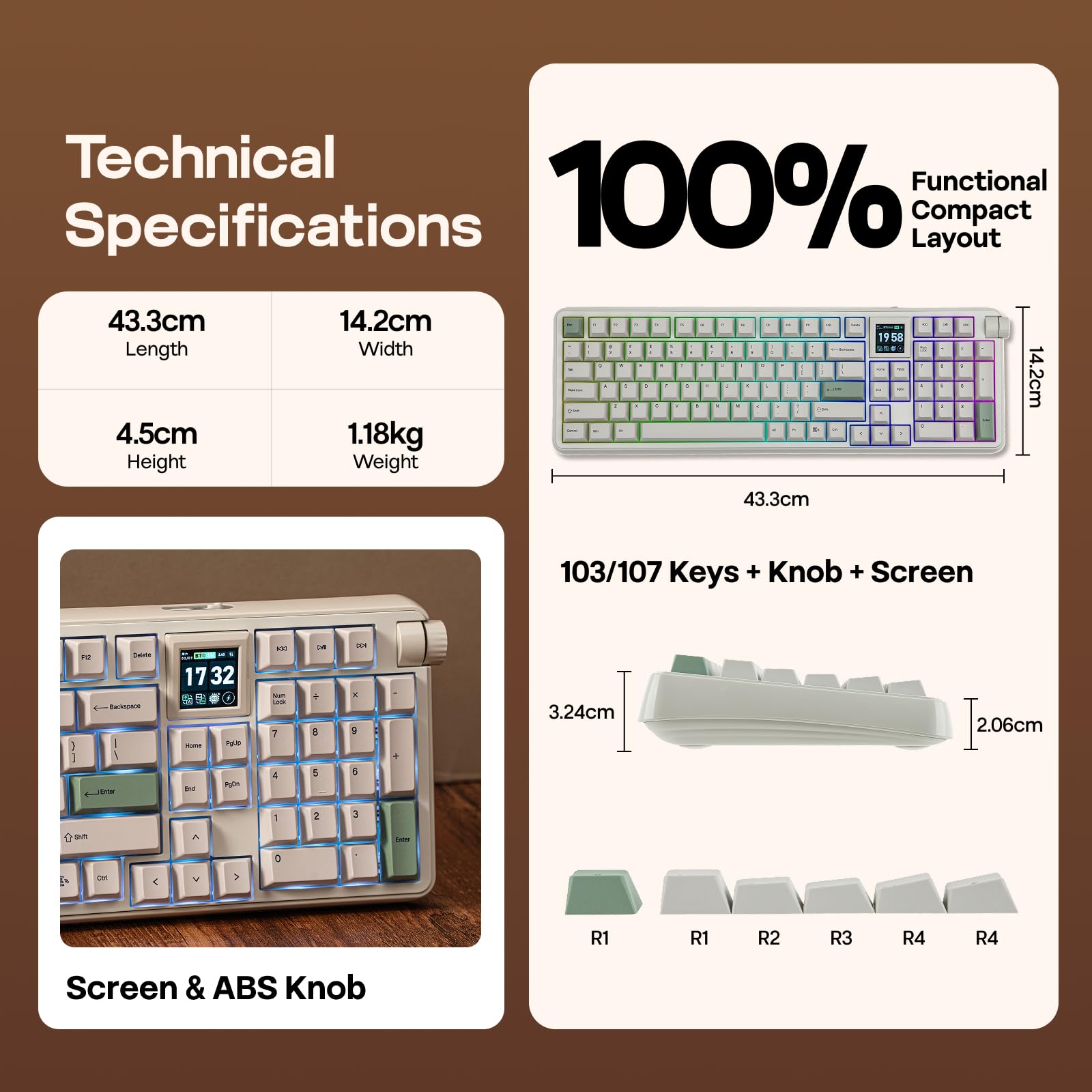 EPOMAKER RT100 PRO trójtrybowa klawiatura mechaniczna, ekran 1,54", Hot-Swap, klawisze PBT Mac, Thocky Gasket, niestandardowy sterownik, RGB, bezprzewodowa klawiatura do gier BT/2,4G (biała, kremowa