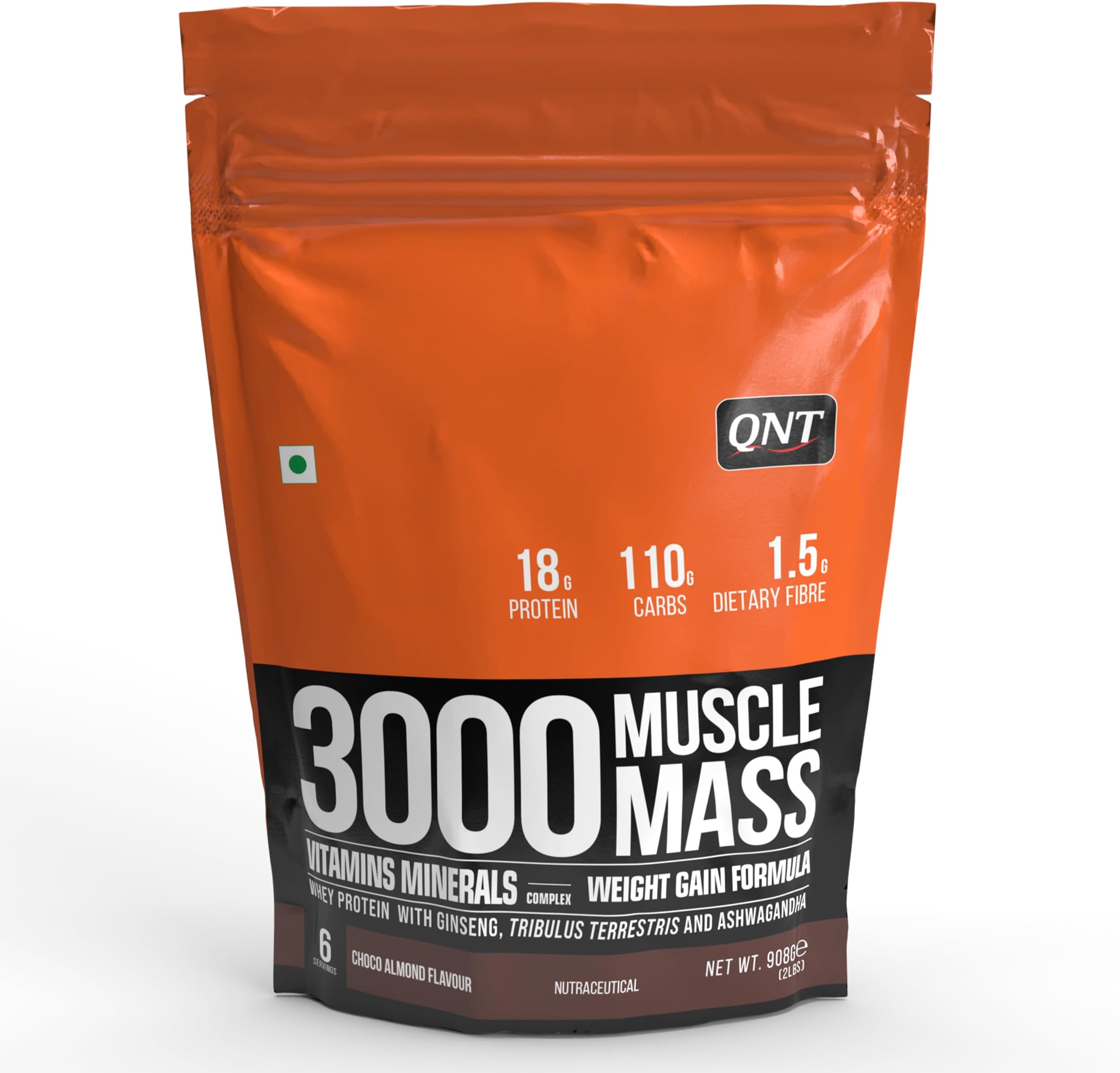 - 3000 Muscle Mass Weight Gainer | 18g Protein, 1.5g Creatine, 110g Carbs | 908g, Choco Almond | Enriched with Ashwagandha, Ginseng & Tribulus | Supports Muscle Growth & Recovery