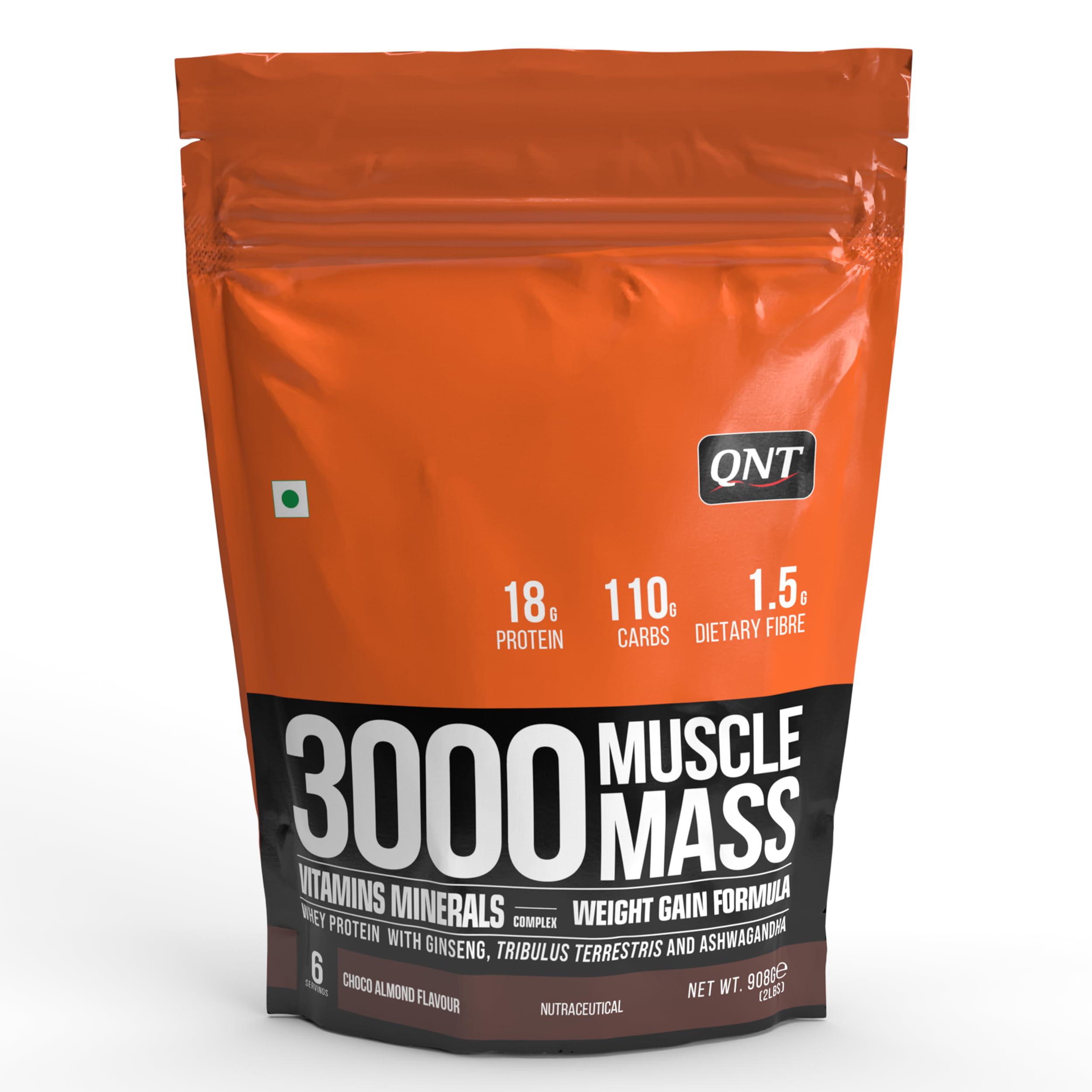 QNT 3000 Muscle Mass Weight Gainer | 18g Protein, 1.5g Creatine, 110g Carbs | 908g, Choco Almond | Enriched with Ashwagandha, Ginseng & Tribulus | Supports Muscle Growth & Recovery