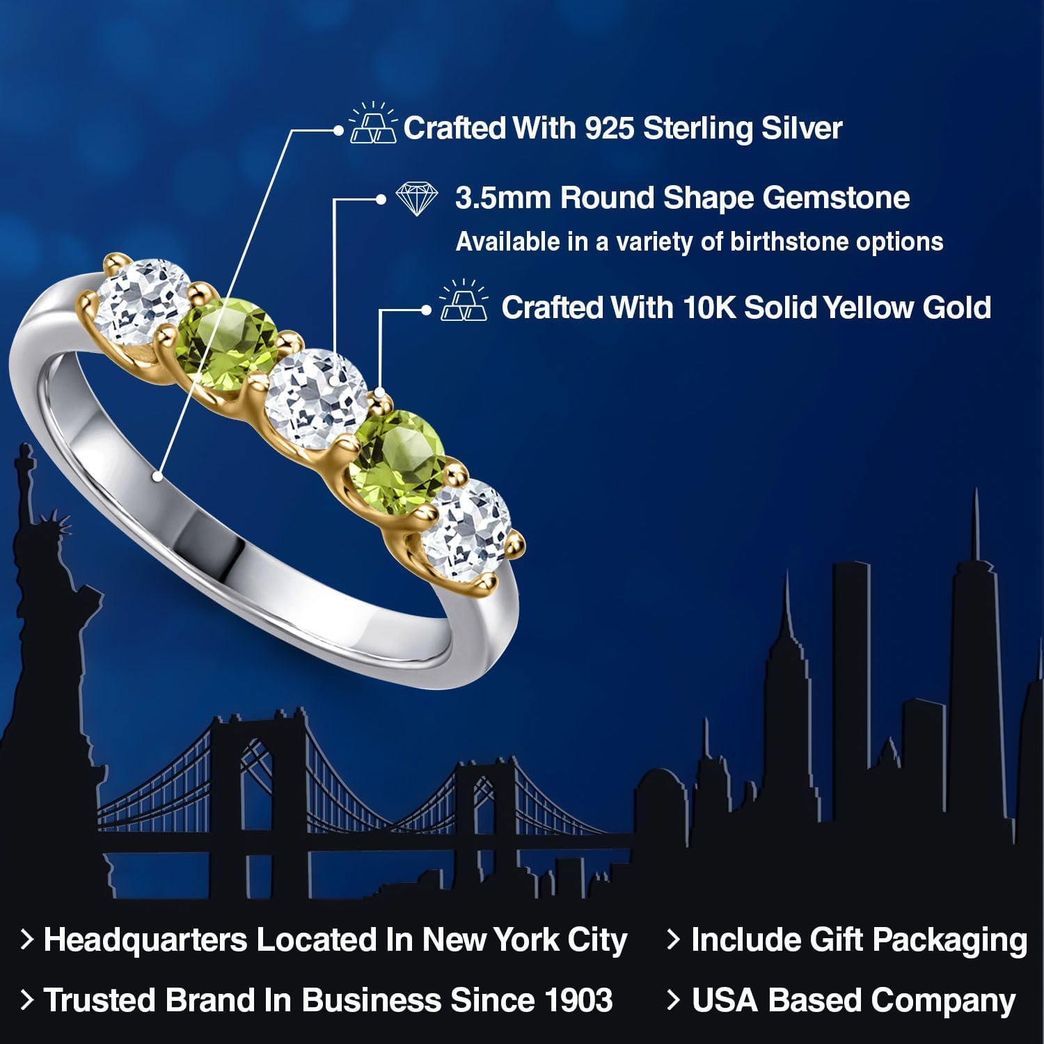 Gem Stone King 925 Silver and 10K Yellow Gold White Topaz and Green Peridot Wedding-Bands Ring For Women | 1.06 Cttw | Round 3.5MM | Gemstone November Birthstone - Image 2