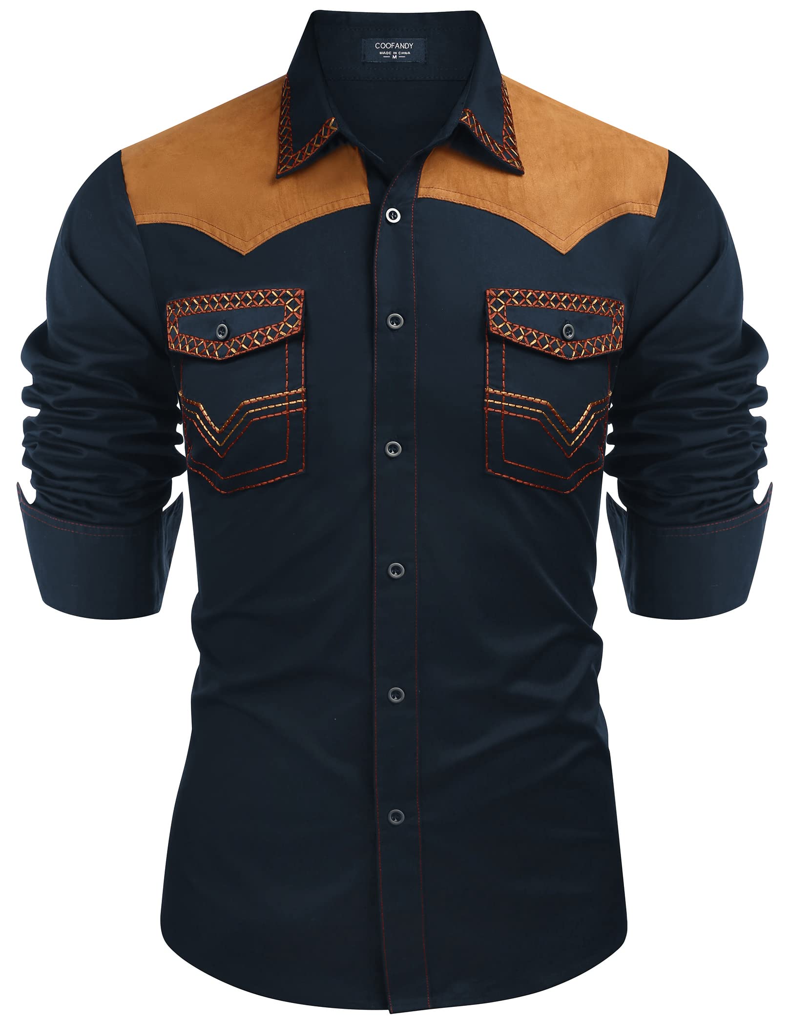 Coofandy Men's Western Cowboy Shirt Embroidered Long Sleeve Slim Fit Casual Cotton Button Down Hippie Shirts with Pockets, Navy Blue, Medium
