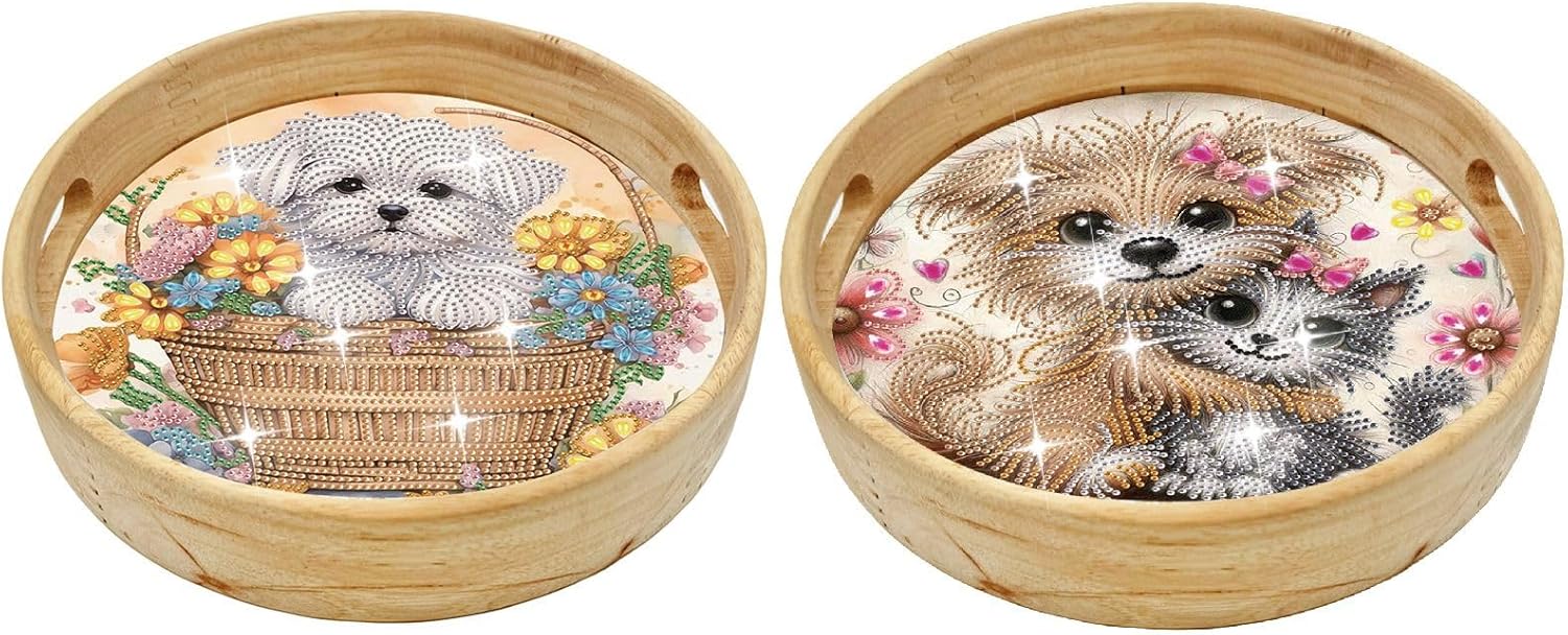DoxQcs DIY Diamond Art Round Wooden Tray Kit, Food Tray with Handle, Diamond Painted Table Decoration, 8.5in, 2-Piece, Rustic, Unisex, All Seasons, Kid & Adult