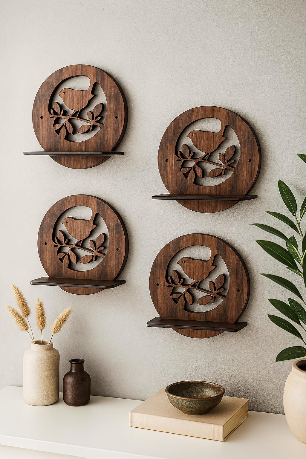 CRAFTZO Wall Mounted MDF Shelf for Living Room, Bedroom, Kitchen - Stylish Freestanding Bird Shelf (Pack of 4, Brown)-image-36