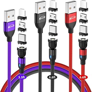 540° Rotation Magnetic Charging Cable, NESTELLE 3 in 1 Magnet Phone Charger Cord Static Wire, with Tip Adapter Micro USB, Type C, iProduct (Multicolored, 3 Pack 3.3FT/6.6F/6.6FT)