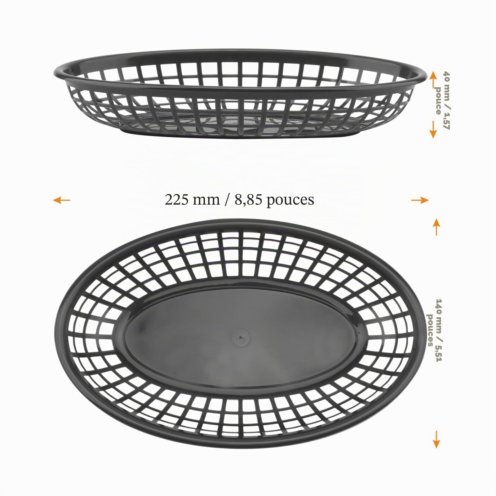 MUKCHAP Lot de 40 paniers de restauration rapide ovales en plastique noir, 23 x 14 x 4 cm, paniers de service en plastique pour frites, sandwichs, hamburgers