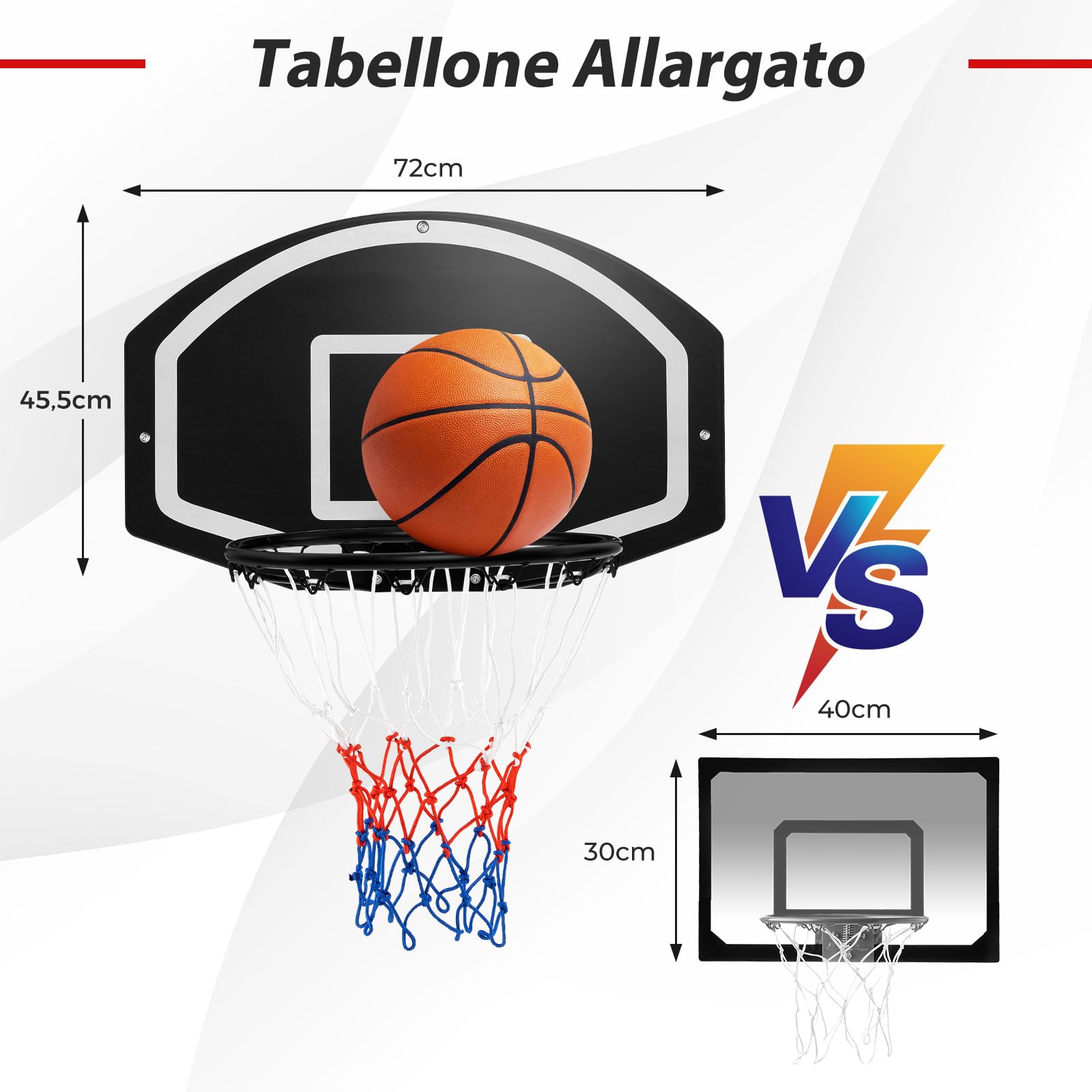 COSTWAY Tabellone Basket da Muro per Bambini e Adulti, Canestro da Basket a Parete con Tabellone Antiproiettile da 72 x 45,5 cm, Rete Anti-vento e Accessori Completi