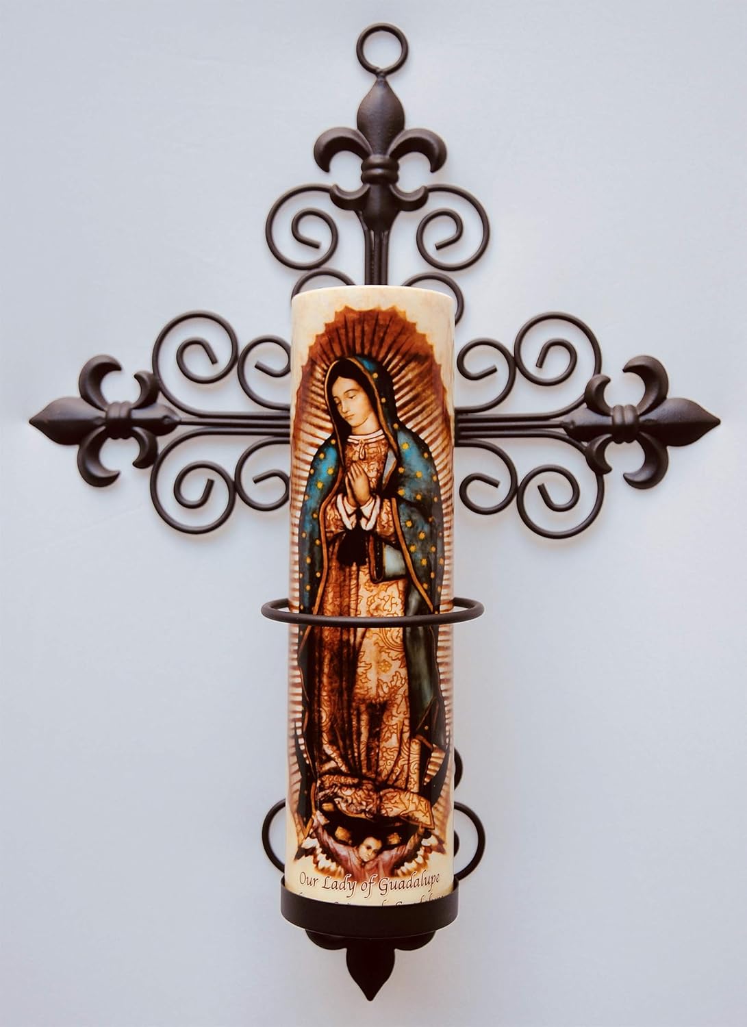 Fleur-de-lis Cross Wall Sconce with Candle Safety Guard Ring for All 8" x 2.375" Flame, Flameless or LED Religious, Prayer Candles (Candle not Included). Sconce Dimensions 14" x 9.5" x 3.25"
