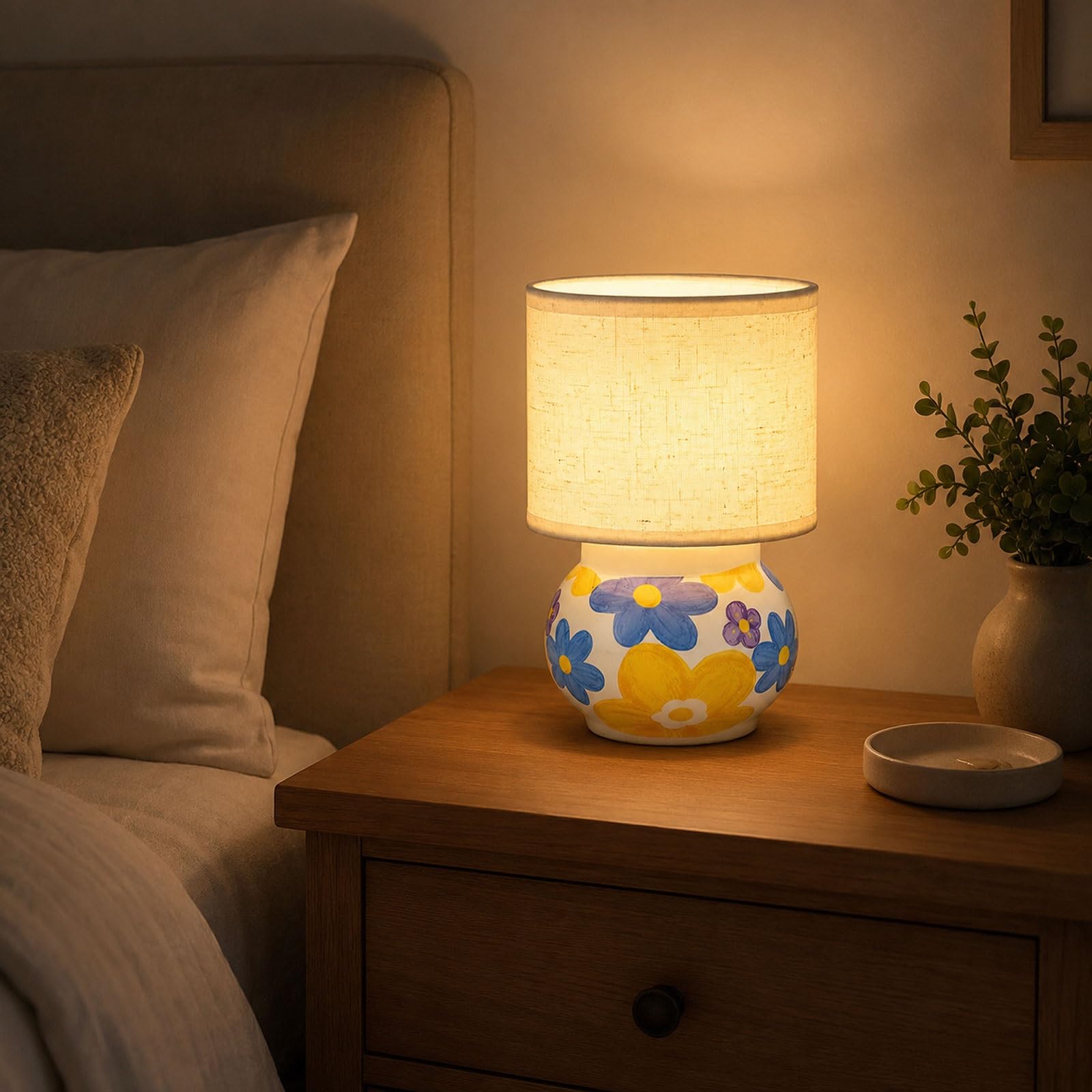 Ceramiczna lampa stołowa w kwiaty o przekątnej 7,9 cala, mała lampka nocna z abażurem z tkaniny