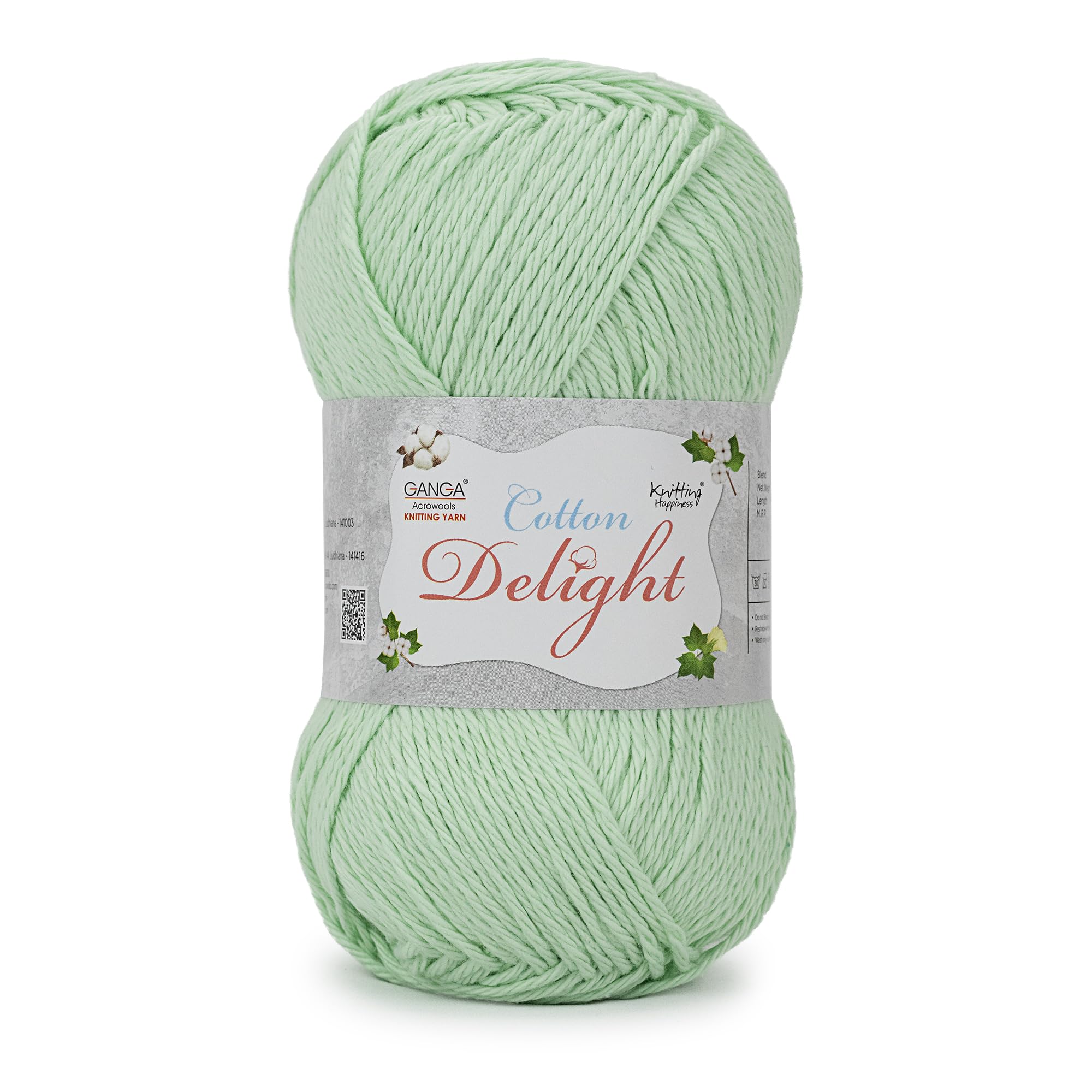 Ganga Acrowools Cotton Delight, Dk Weight Cotton Yarn, Oekotex Class L Certified 100G, 169M COD017 Spring Rain, Green