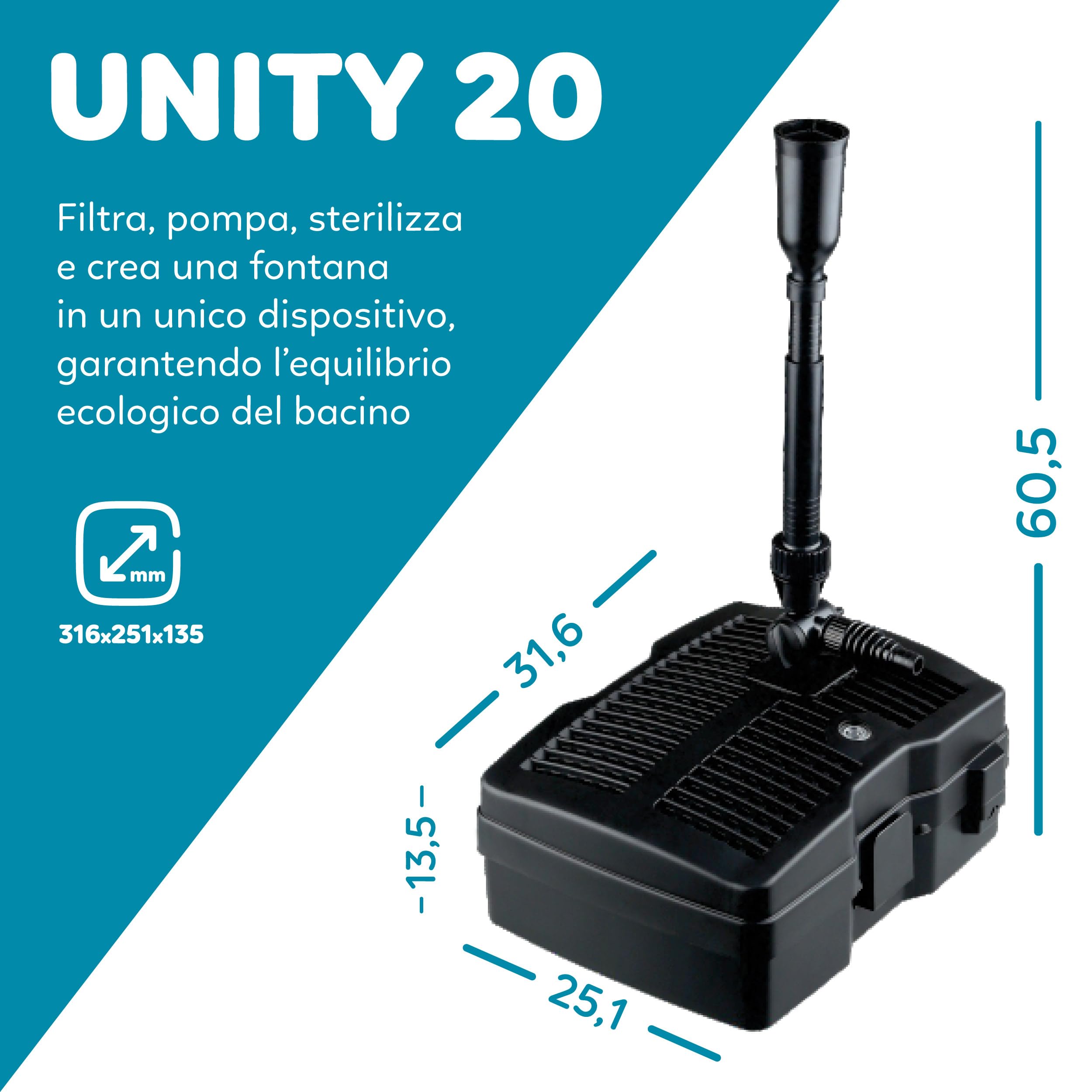 AQPOND Unity Filtro Interno per Laghetto 3 in 1 con Pompa Fontana e Sterilizzatore UV 9W – Sistema Completo di Filtrazione con Giochi d’Acqua per Laghetti da Giardino
