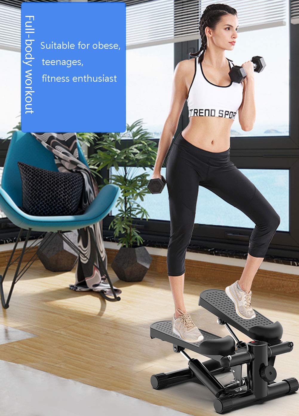 Stepper Fitness Casa, Attrezzi Step Palestra Casa, Macchine per Training Aerobico, Step Fitness con Corde di Resistenza e Multifunzione Display, Carico - 150KG(Nero)