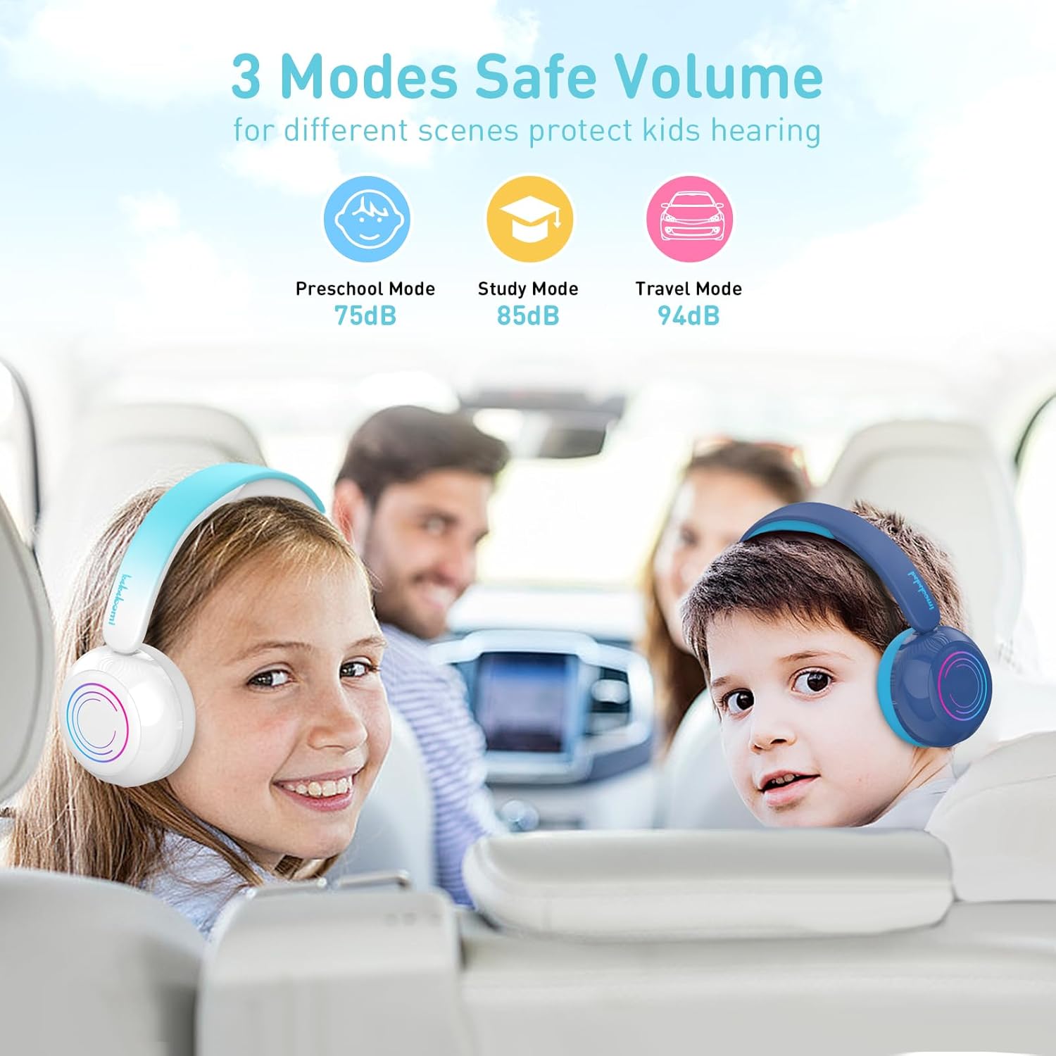 Children using headphones in a car, illustrating the three safe volume modes