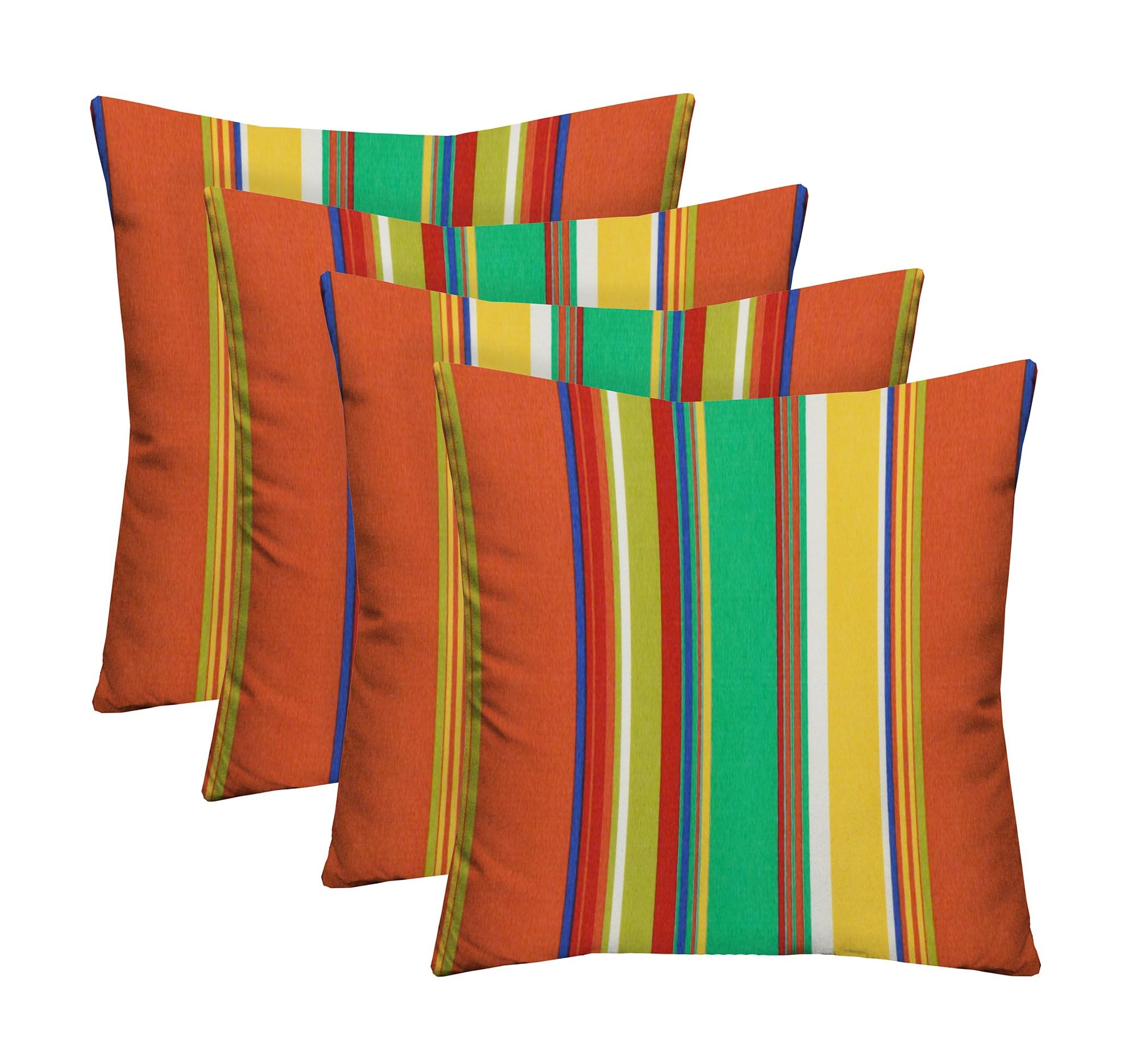 RSH Décor: Set of 4 Decorative Accent Pillows | Indoor/Outdoor All Weather Polyester Pattern Fabric | Square Throw Cushions for Patio Furniture | Reversible | 17”x17” | Bright Colorful Stripe