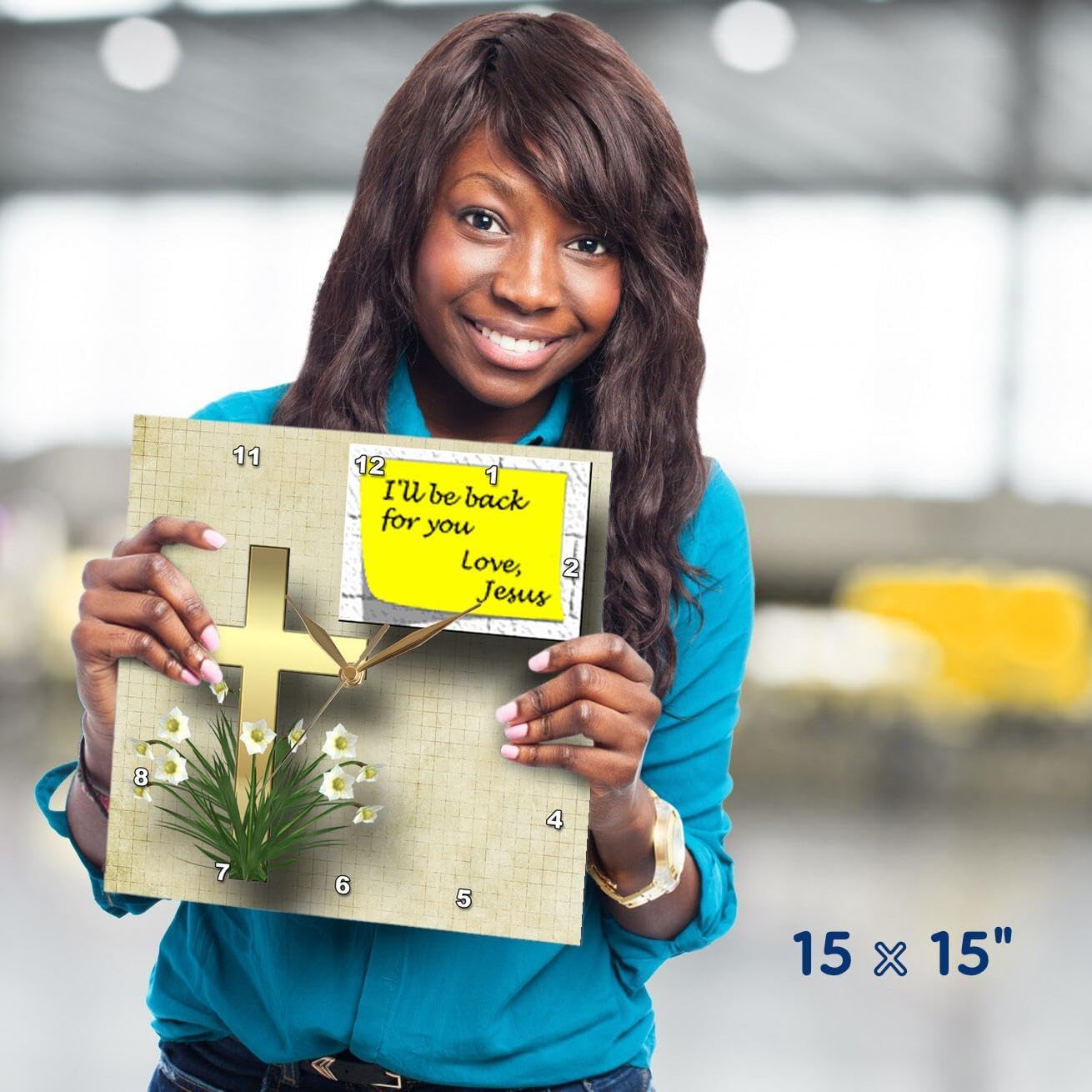 3dRose DPP_128832_3 Pretty Cross and Spring Flowers and Note from Jesus That He Will be Back a Great Gift Wall Clock, 15 by 15-Inch