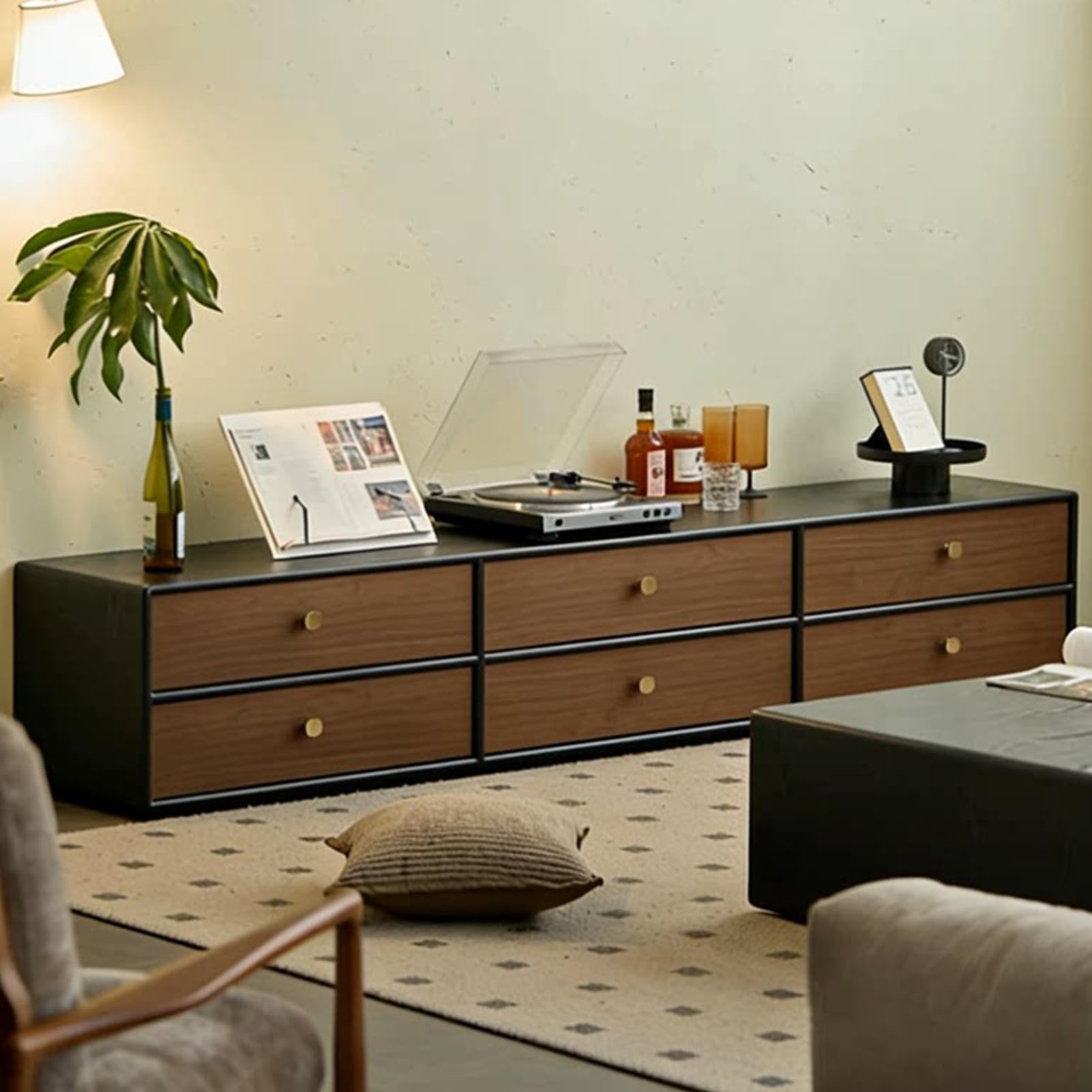 Mobile TV Legno Noce Nero Console Multimediale Maniglia Metallo Dorato | Centro Intrattenimento in Legno con Contenitore, Comodino Vintage in Legno Massello con Cassetto(180CM/70.8IN)
