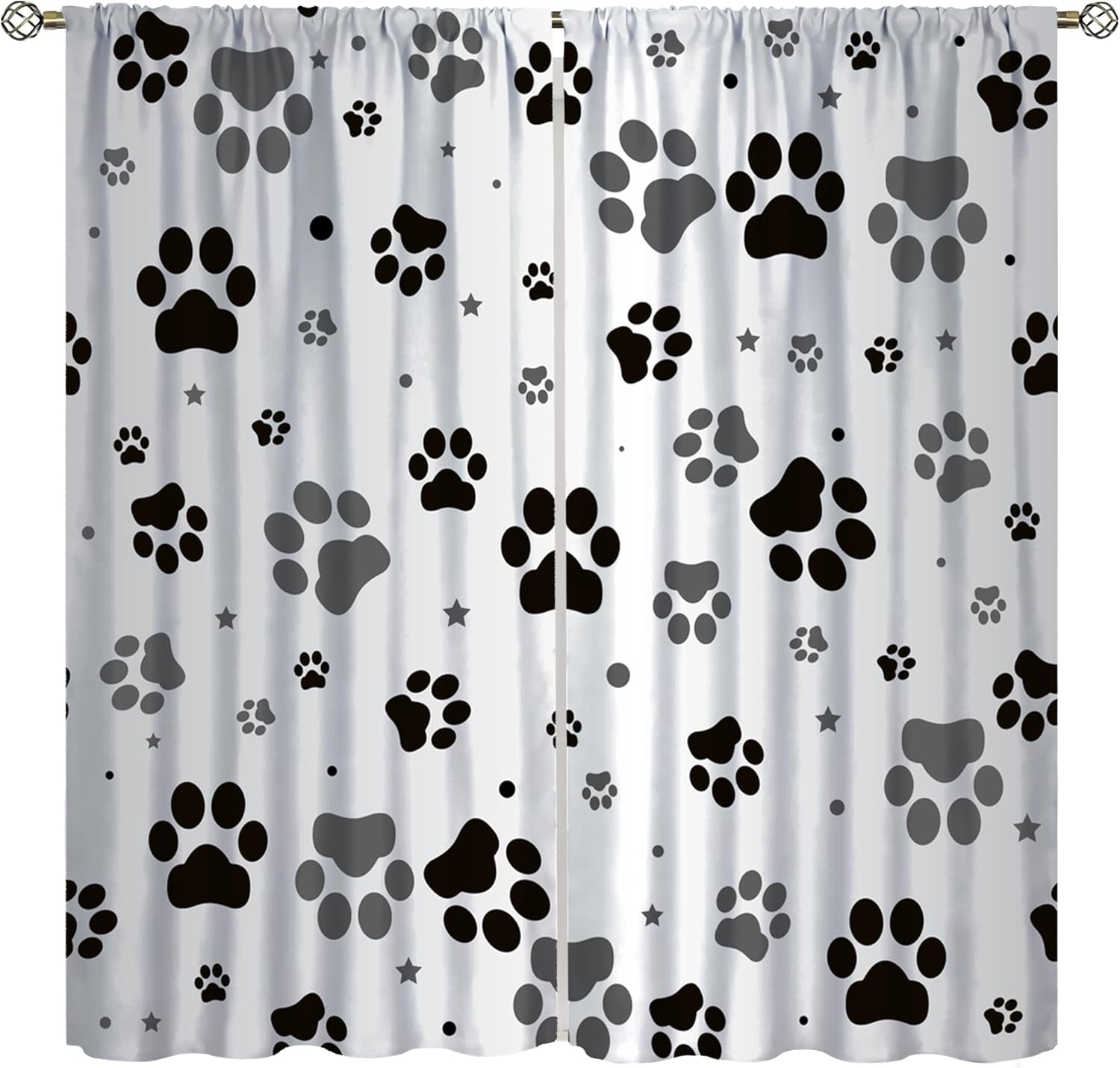 Paw Print Curtains, Gray Cartoon Star Cute Cute Pet Dog Animal Star Paw Blackout Window Treatments, Thermally Insulated Rod Pocket Drapes for Pet Room Bedroom Kennel Bathroom 42x63in