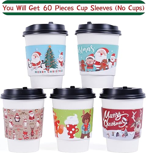 Miniatura 2 de Fundas navideñas para tazas de café, 60 unidades, chocolate caliente, cacao, fundas de papel para tazas de papel, doble capa protectora, bebidas