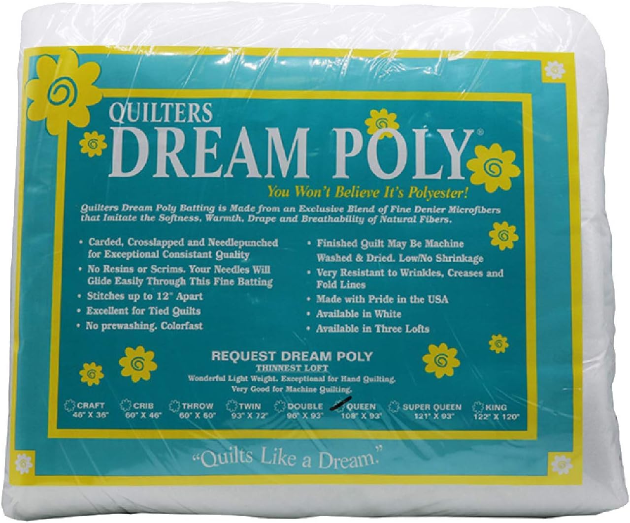 Quilters Dream Queen Size Poly Batting - USA-Made Quilt Batting for DIY Craft (Thin 108”x93”)