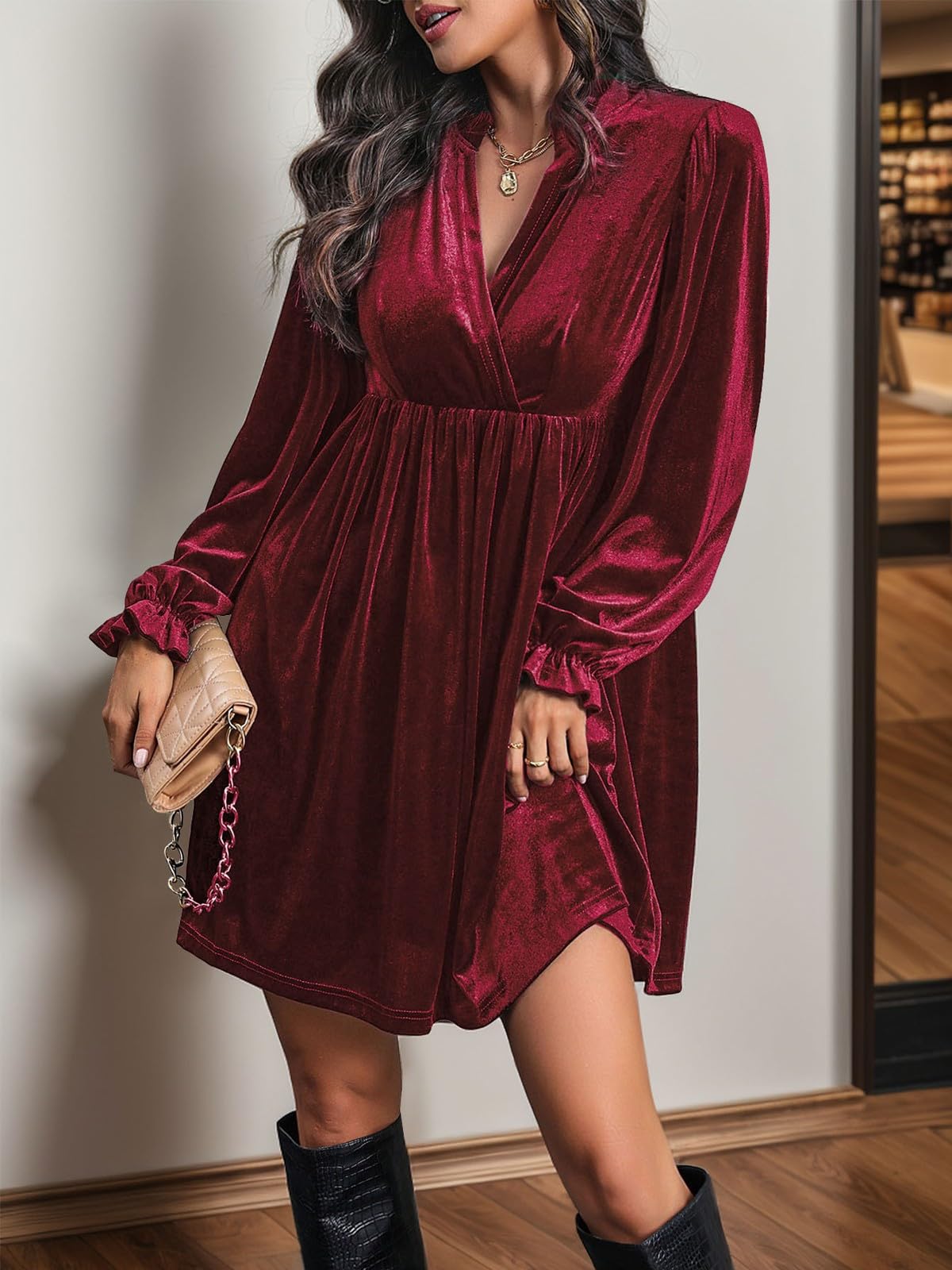 Wowcarbazole Abito da donna in velluto con scollo a V, vita imperiale, maniche lunghe, inverno, vacanze, feste, tunica, mini abito