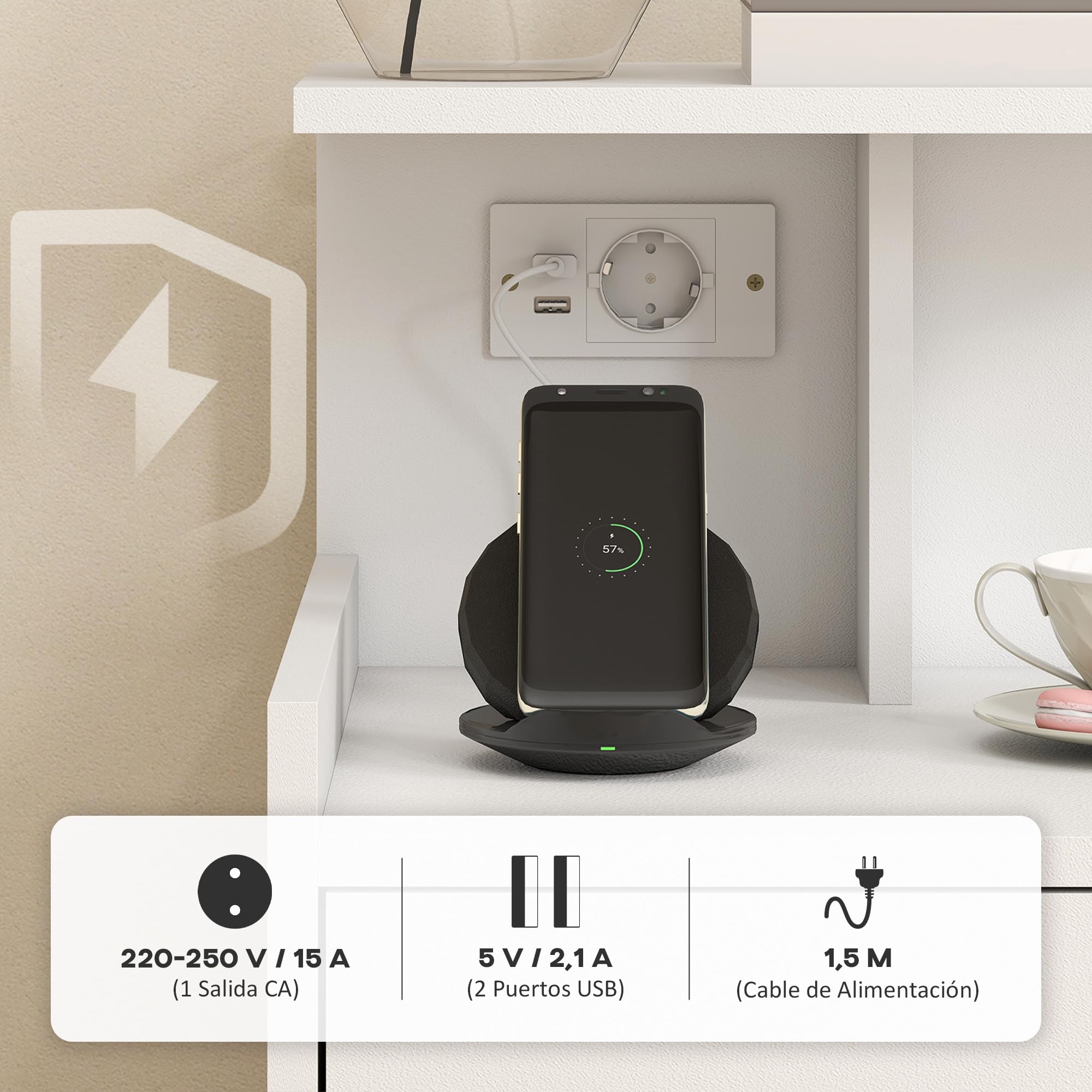 HOMCOM Mesita de Noche con Estación de Carga Cajón 40x40x60 cm Blanco | Mesilla de Noche Dormitorio, Puertos USB, Estantes Abiertos, para Salón, Estudio