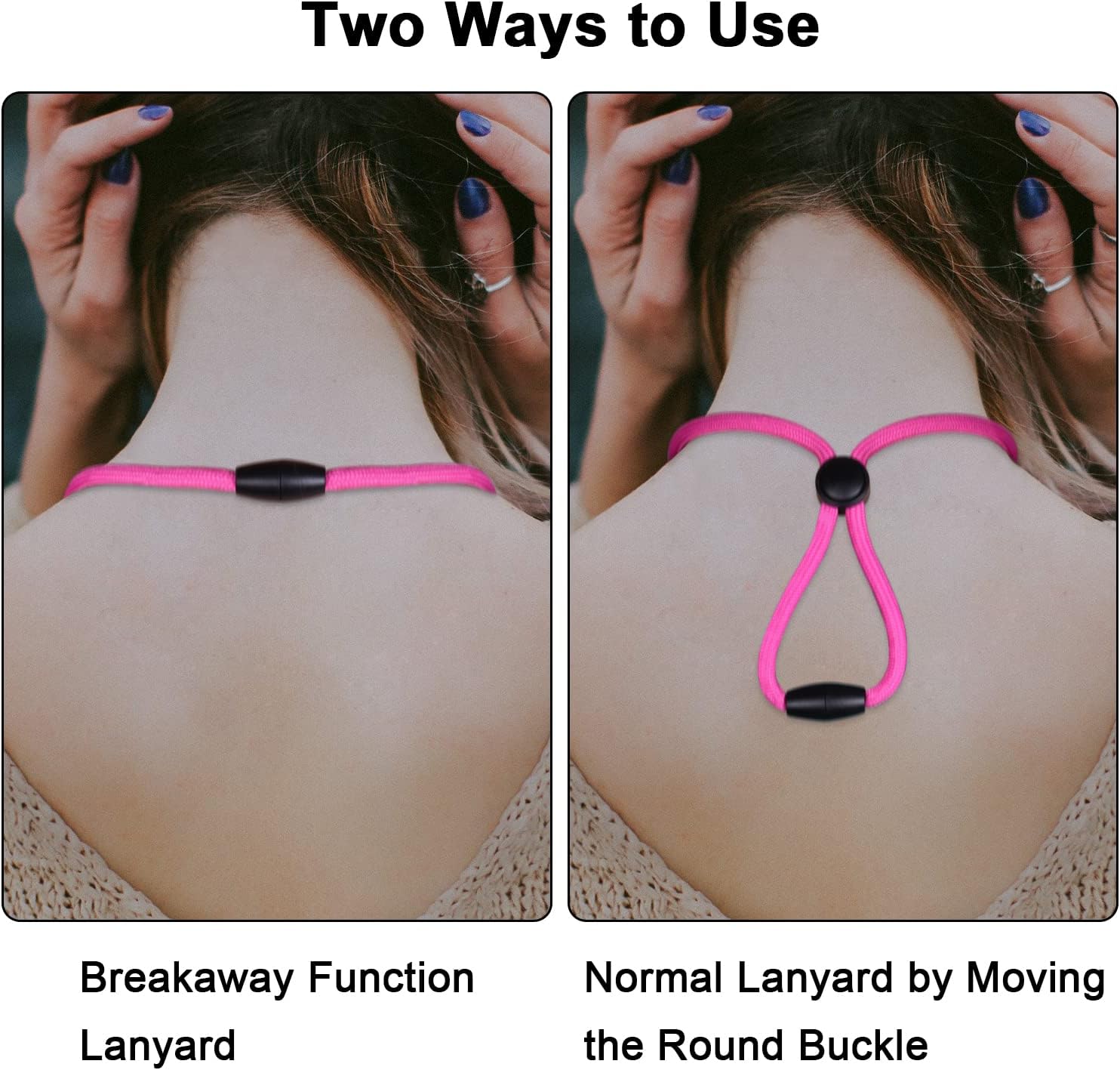 Wisdompro 2 Pack of 21 inch Durable Round Cord Heavy Duty Lanyard with Safety Breakaway Buckle, Detachable Buckle and Metal Hook for Keys, ID Card Badge Holders - Hotpink and Purple - Image 5