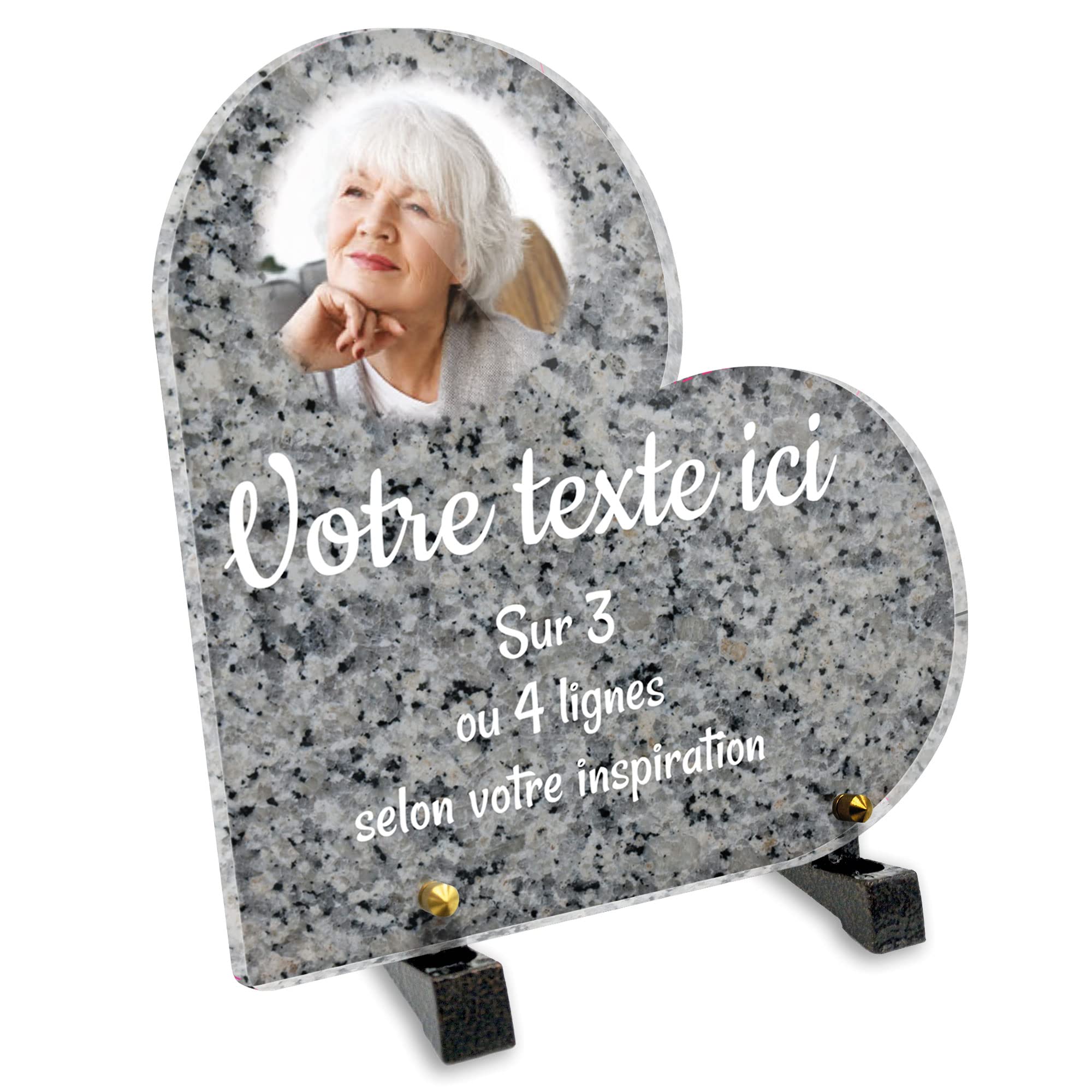 Plaque funéraire Coeur avec Photo Personnalisable en plexi Granite 20x20cm