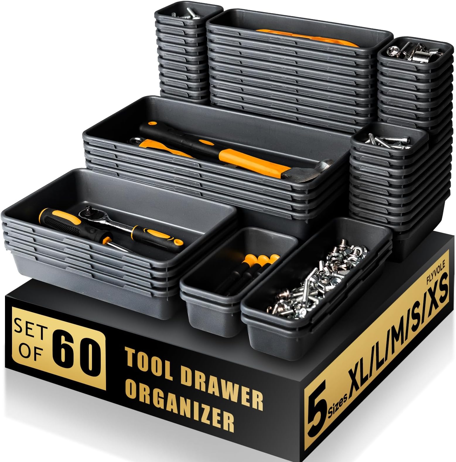 [60 PCS Upgraded] FLYVOLE Tool Box Organizer Tray, Toolbox Desk Drawer Organizer, Tool Box Tray, Toolbox Organization Storage for Rolling Tool Chest (60 PCS)