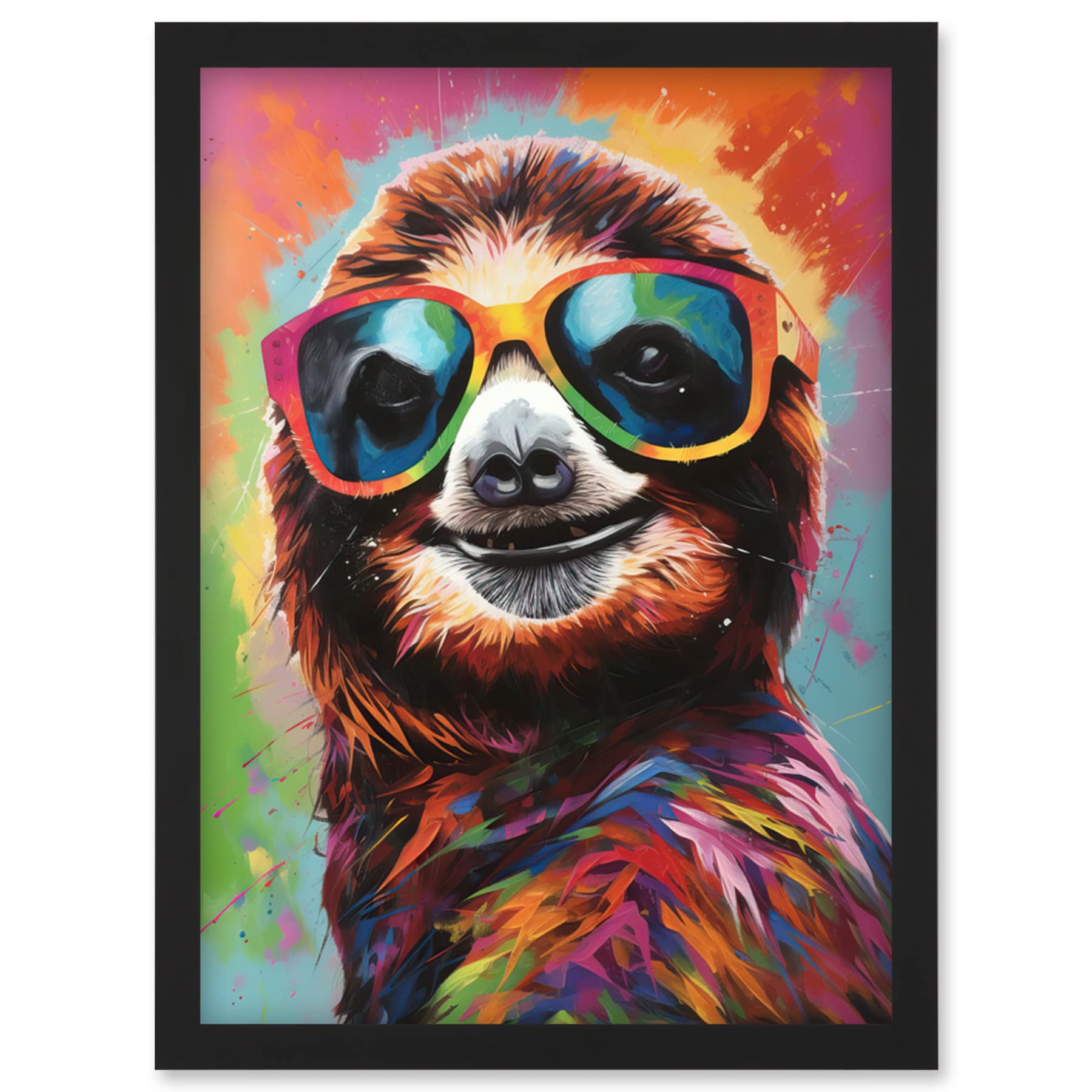 Artery8 Multicoloured Smiling Sloth Wearing Sunglasses Artwork Framed Wall Art Print A4