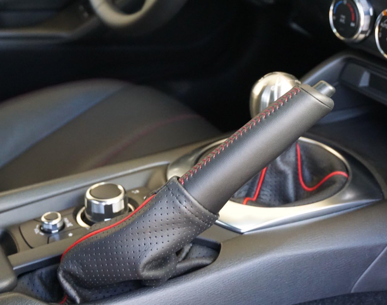 RedlineGoods ebrake Boot Compatible with Mazda Miata ND 2016-25. Tailor Made - not Universal. Genuine top-Grade Italian Black Leather with Red Thread