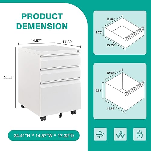 Miniatura 3 de SISESOL Archivador de 3 cajones con cerradura, archivador de metal para debajo del escritorio, para oficina en casa, archivador rodante con