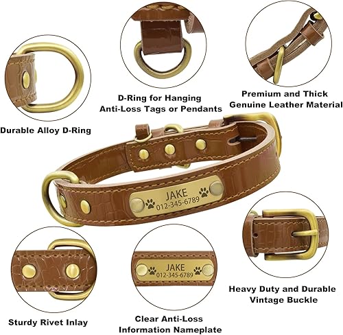 Miniatura 33 de Collar de perro de cuero genuino personalizado con placa de nombre grabada, duradero y elegante collar de perro personalizado para perros pequeños